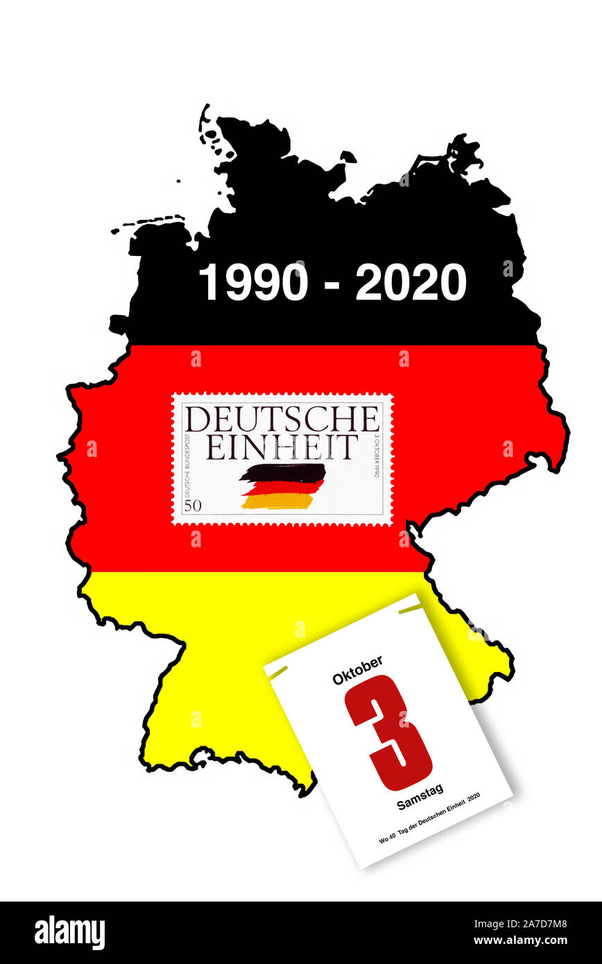 30 Jahre Deutsche Einheit, 3. Oktober, Tag der Deutschen Einheit, Bundesadler, Nationalfarben, Deutschlandkarte, schwarz-rot-gold, Stock Photo