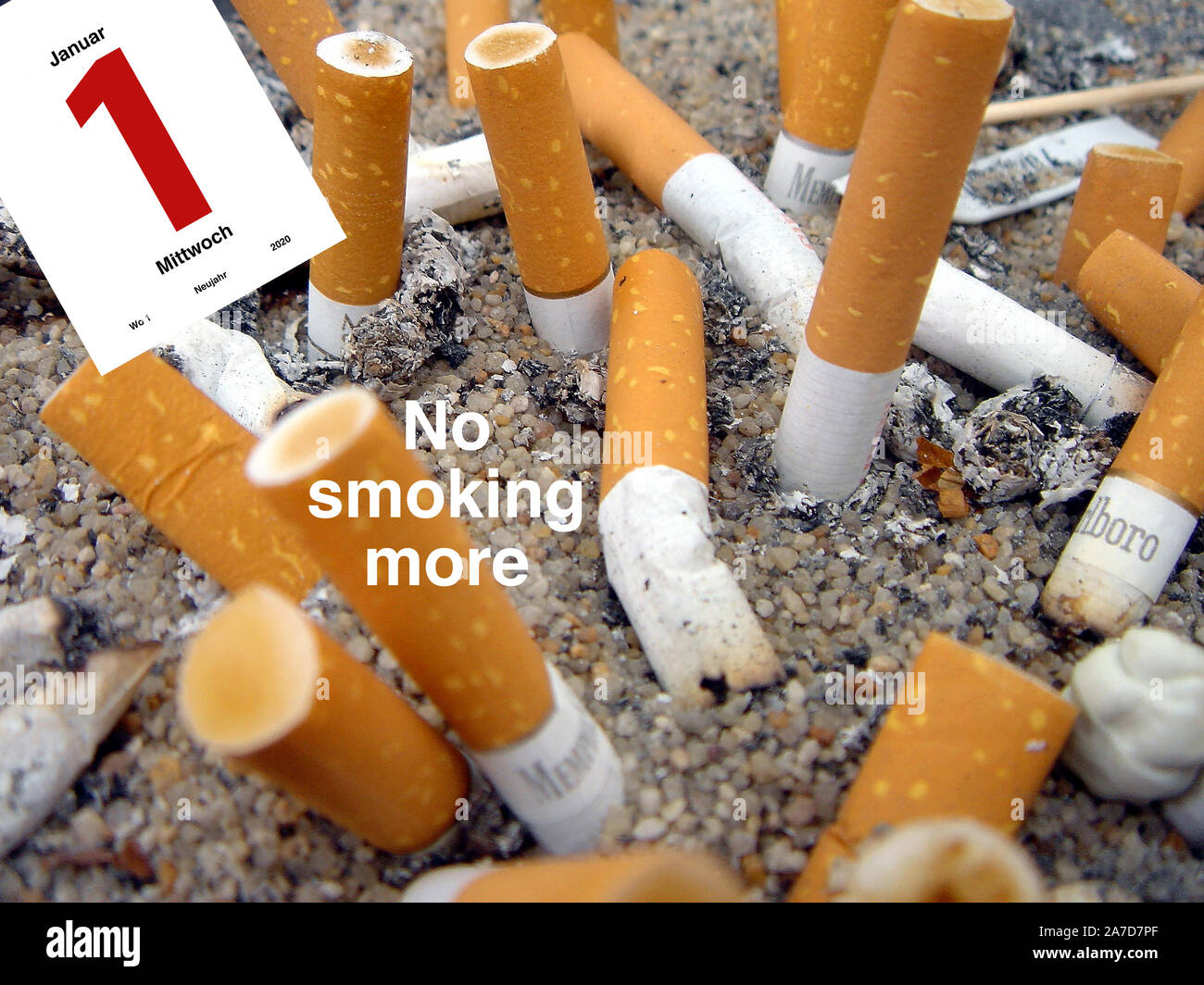 Zigarettenstummel, Aschenbecher, Zigaretten, Raucher, Asche, Vorsätze für 2020, mit dem Rauchen aufhören, Stock Photo