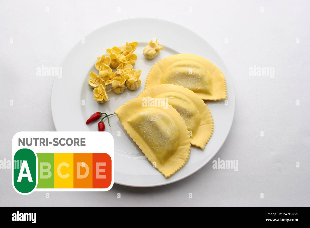 Teigtaschen, Pasta, Nudeln, Nudelteig, Maultaschen, Ravioli, Pasta-Gerichte, Nutri-Score, Siegel, Nährwerte, Orientierung, Stock Photo