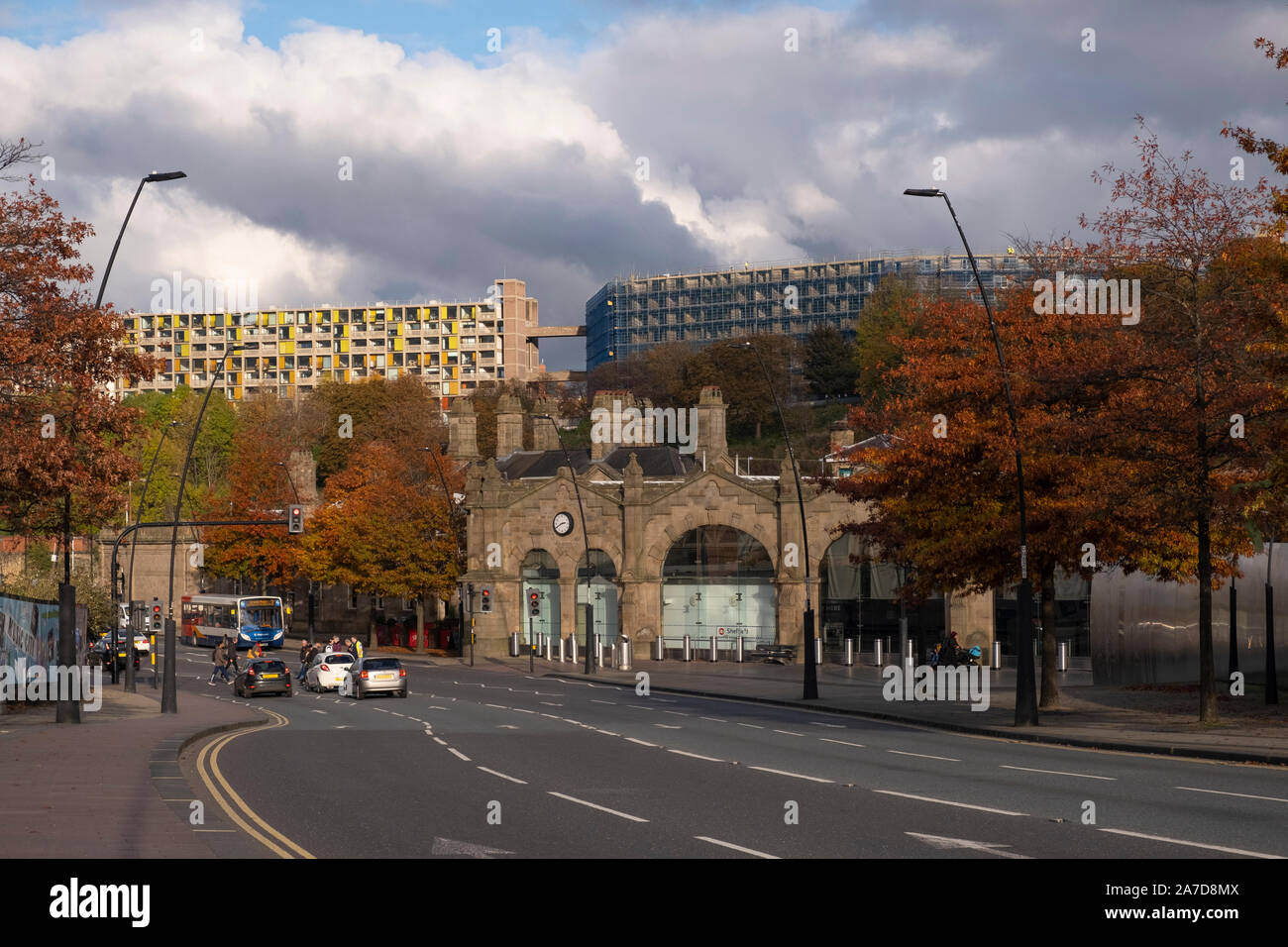 Sheaf Square, Sheffield, UK - 29th October 2019 : Autumn at Sheaf Square with Park Hill Flats in the background Stock Photo