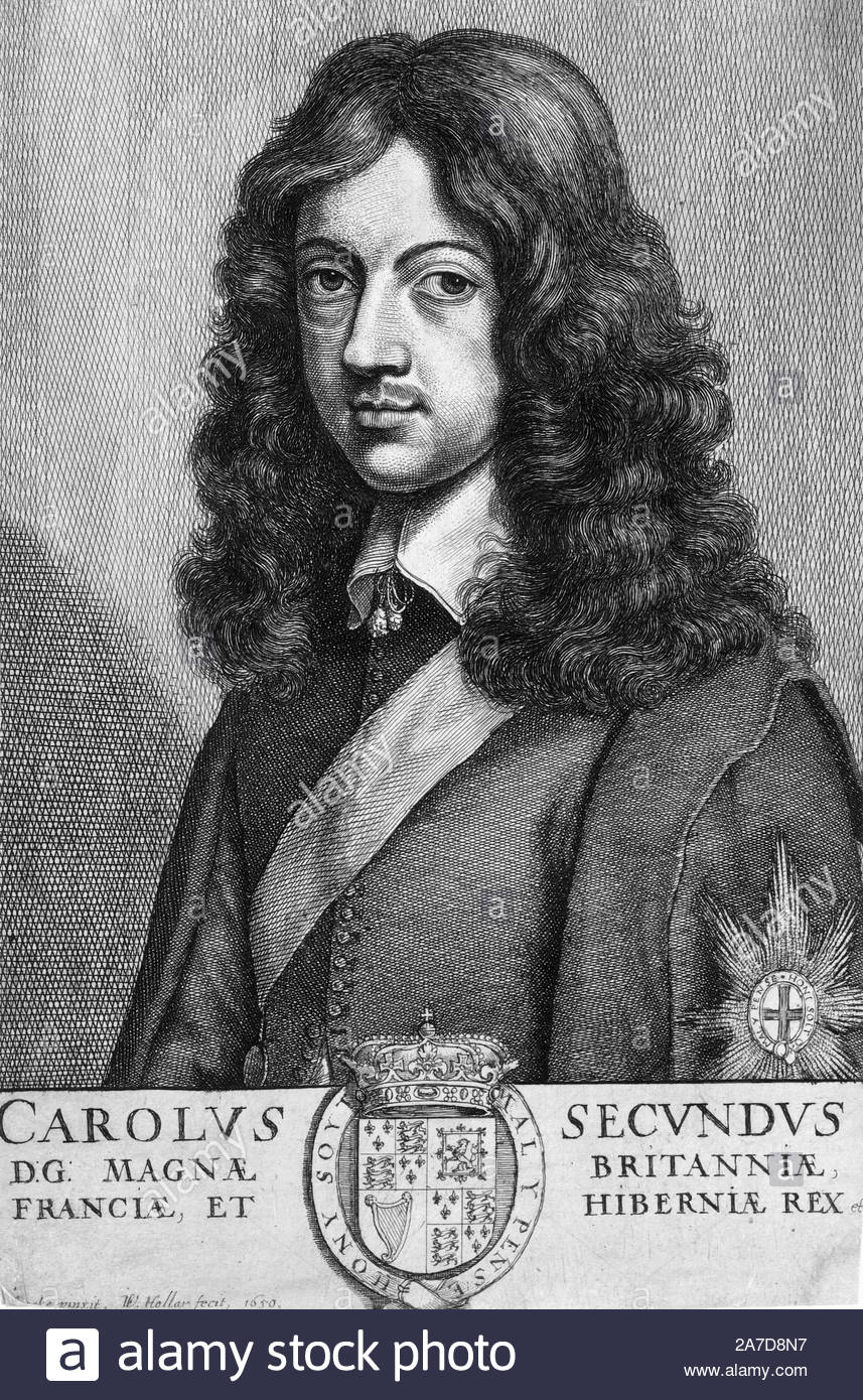 Charles II, 1630 – 1685, was king of England, Scotland and Ireland. He was king of Scotland from 1649 until his deposition in 1651, and king of England, Scotland and Ireland from the restoration of the monarchy in 1660 until his death, etching by Bohemian etcher Wenceslaus Hollar from 1600s Stock Photo