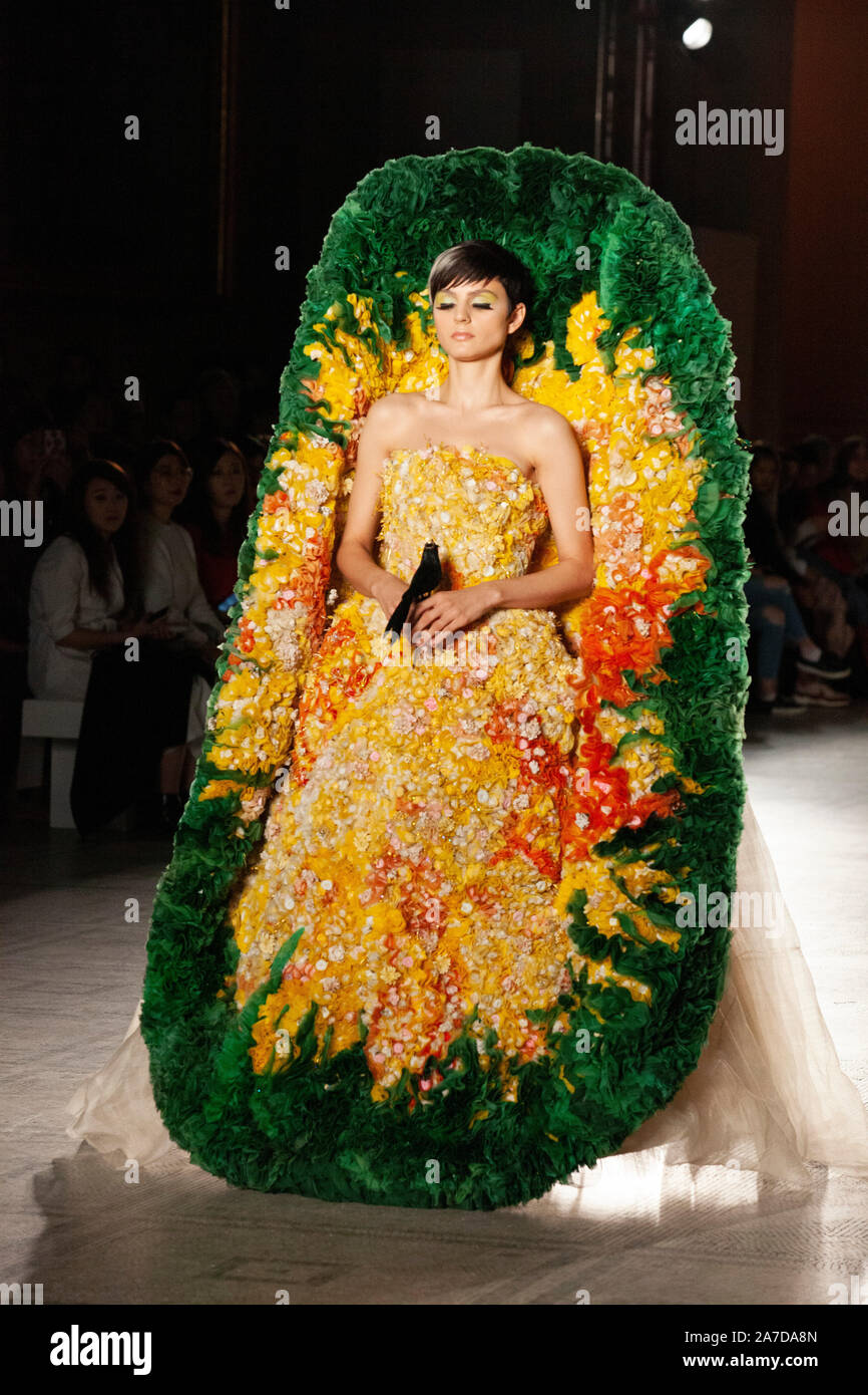 Chinese fashion designer Guo Pei, famous for the yellow 'omlette' dress she  designed for Rhianna at the 2015 Met Gala, showcased pieces from her  AW2019/20 'Alternate Universe Couture collection at the V&A