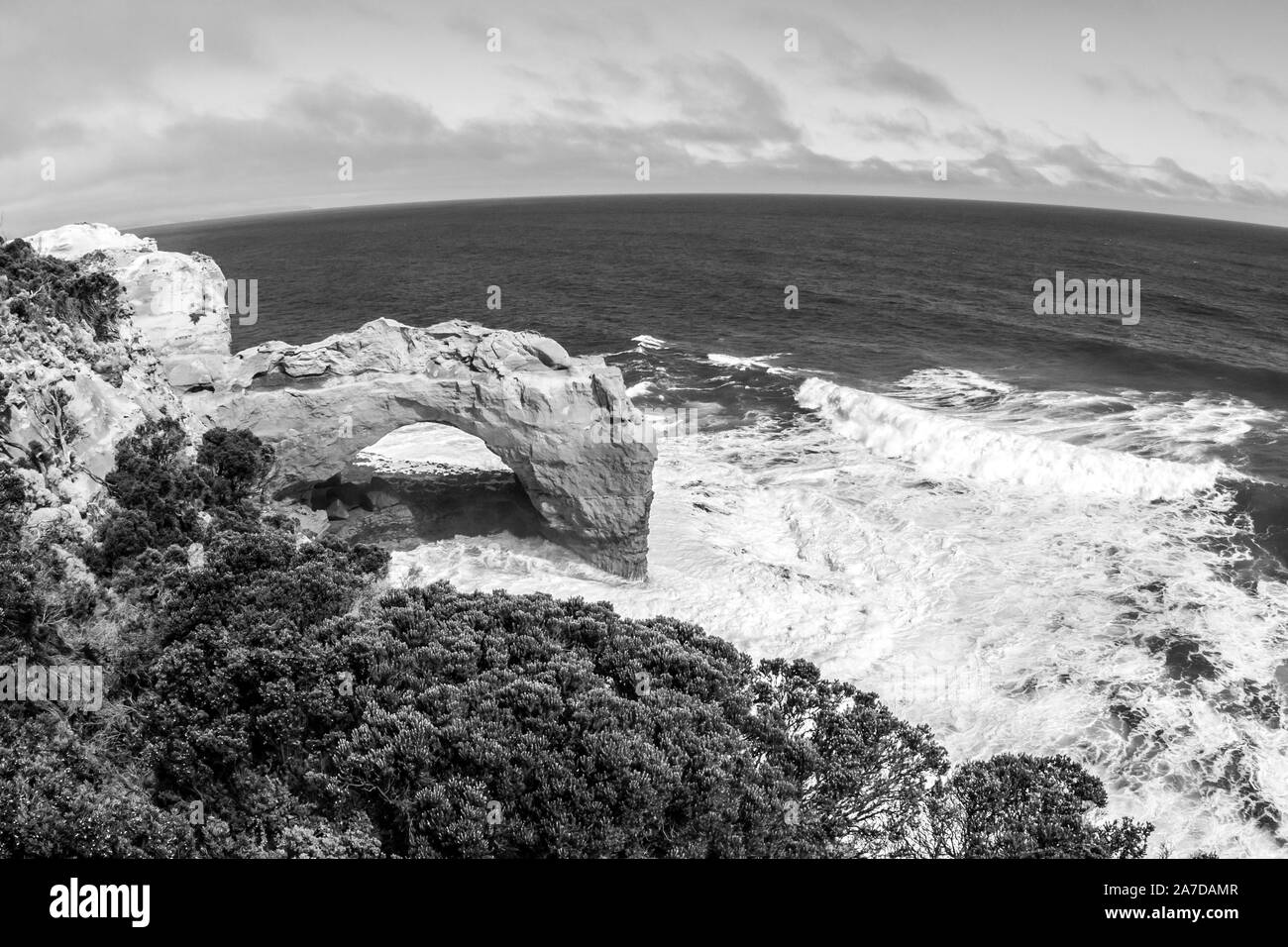 Black and white seaside view from Great ocean road, Natural Arch in Port Campbell National Park, Victoria, Australia Stock Photo