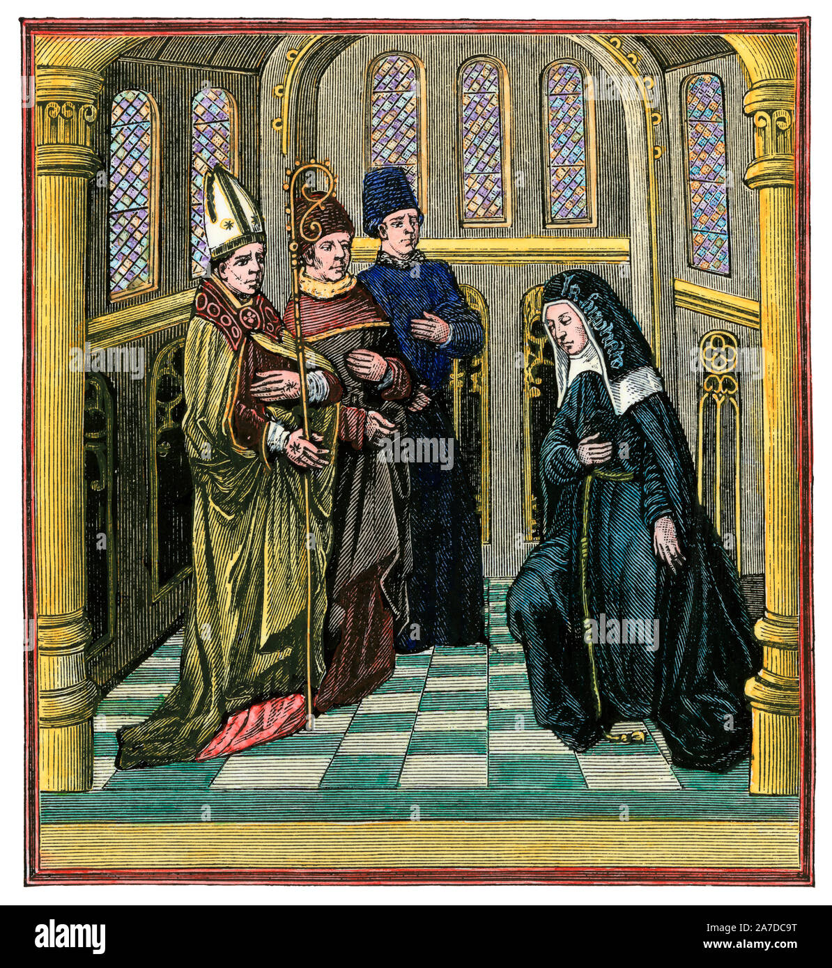 Supplicant nun before a bishop, theologian, and a clerk, 1400s. Woodcut of a miniature in a French manuscript Stock Photo