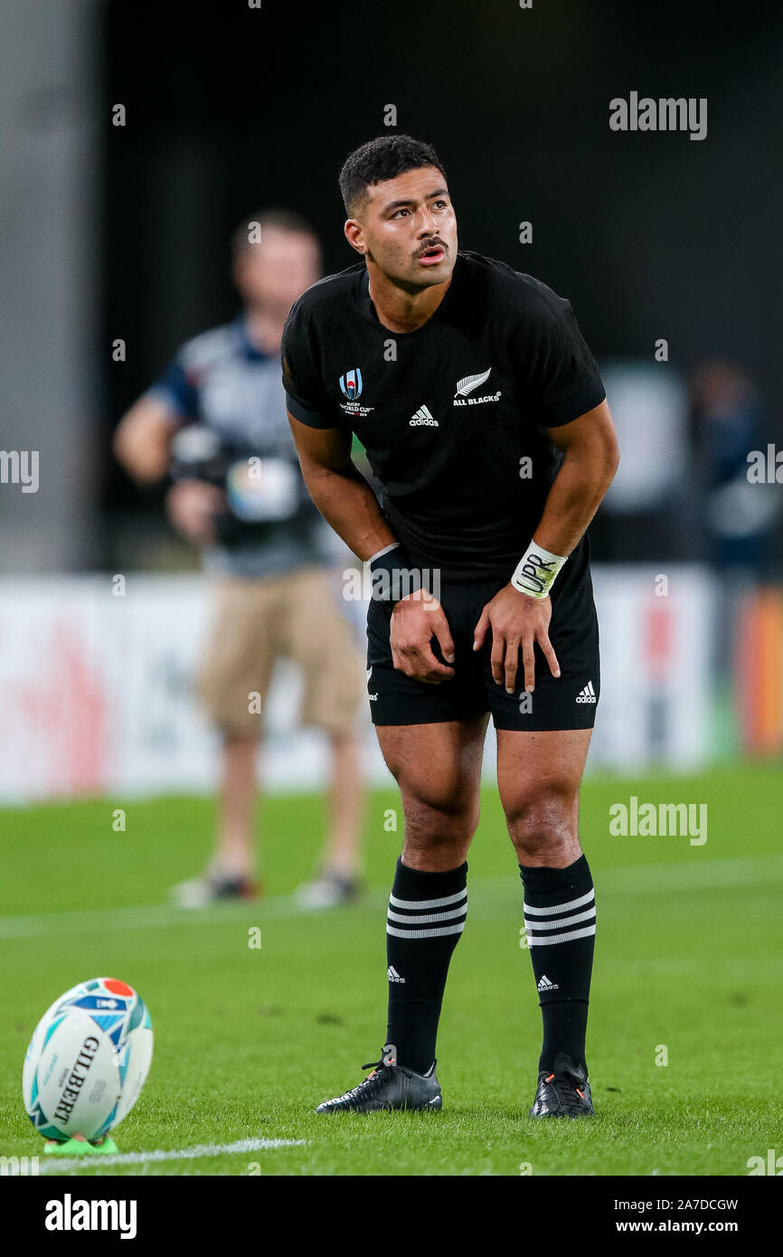 Richie Mounga of New Zealand takes a conversion during the 2019 Rugby World Cup Bronze medal match between New Zealand and Wales at Tokyo Stadium in Tokyo, Japan on November 1, 2019.