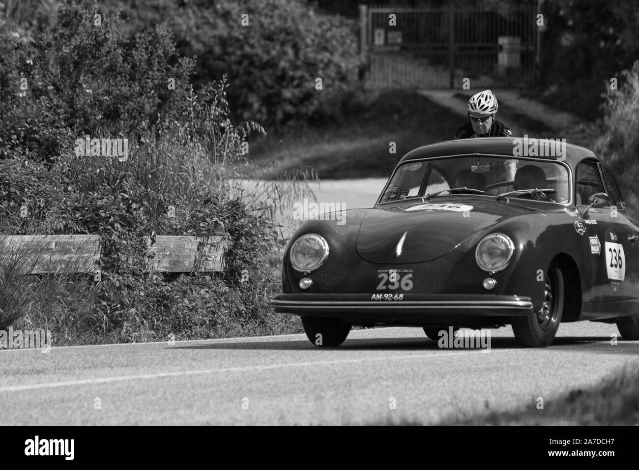 PESARO COLLE SAN BARTOLO , ITALY - MAY 17 - 2018 : PORSCHE 356 1500 SUPER 1953 on an old racing car in rally Mille Miglia 2018 the famous italian hist Stock Photo