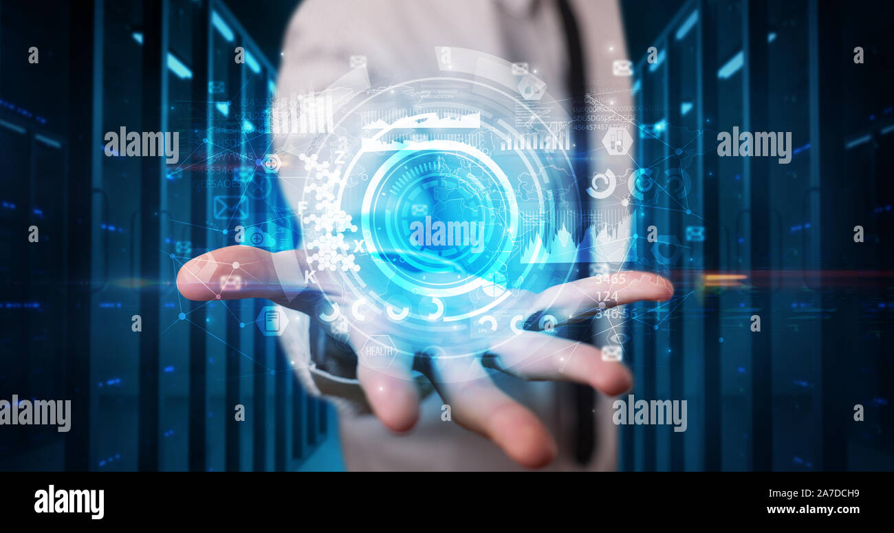 Man holding hologram projection displaying biometric security concept Stock Photo