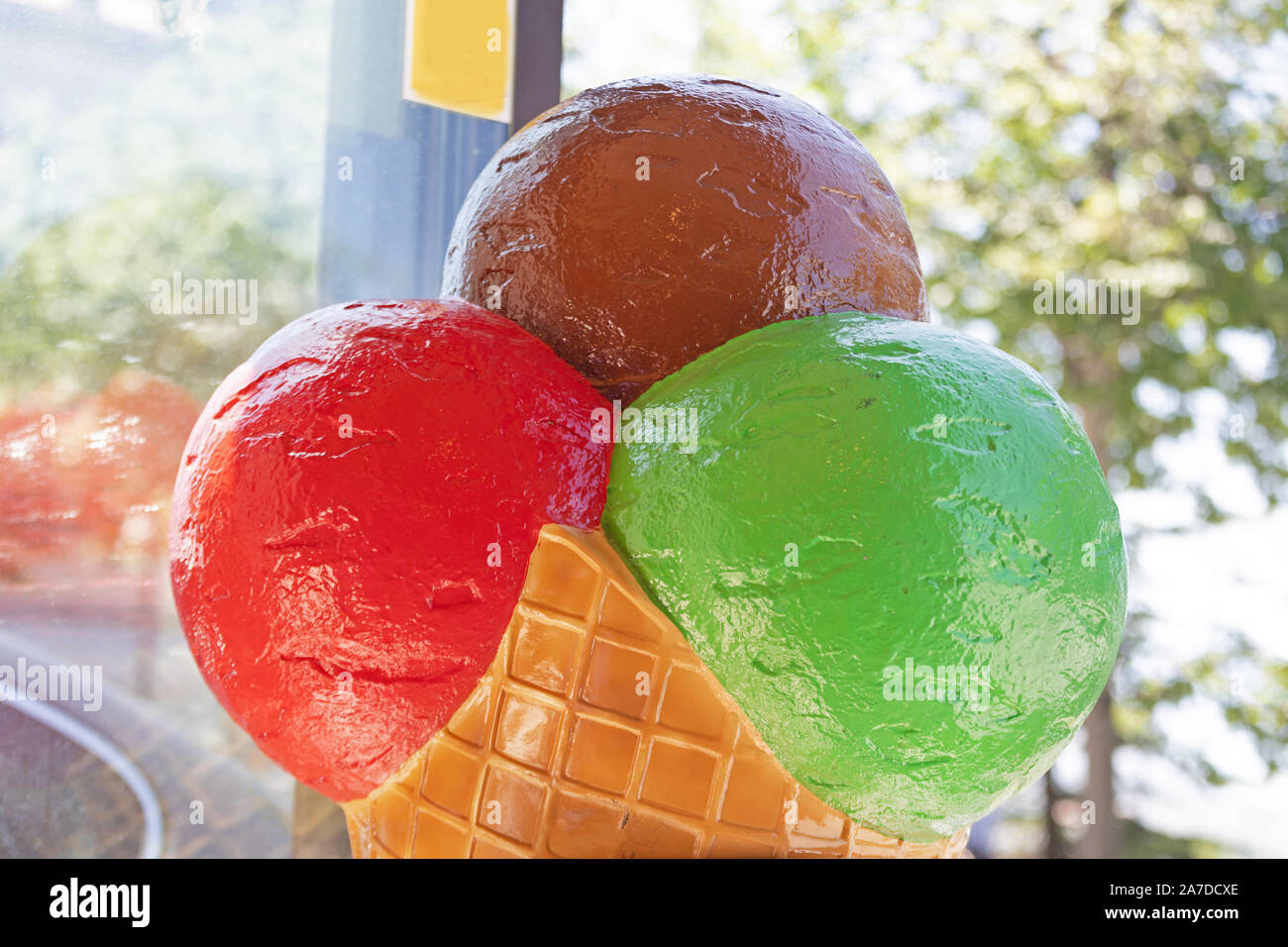 Three Big Scoops of Ice Cream in Cone Stock Photo Alamy