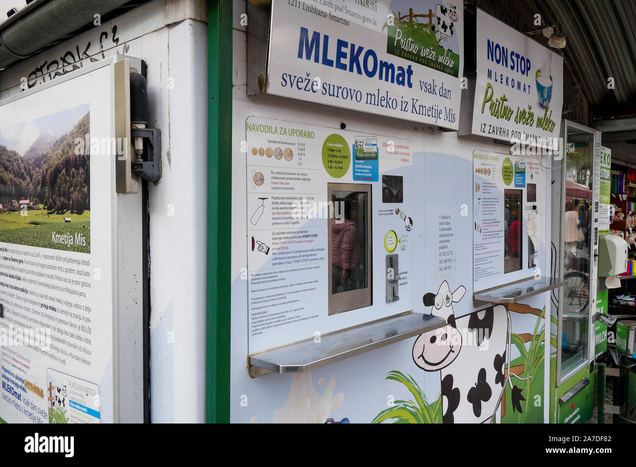 Fresh milk automatic dlspenser, Pogačarjev square - Pogačarjev trg, Ljubljana, Slovenia Stock Photo