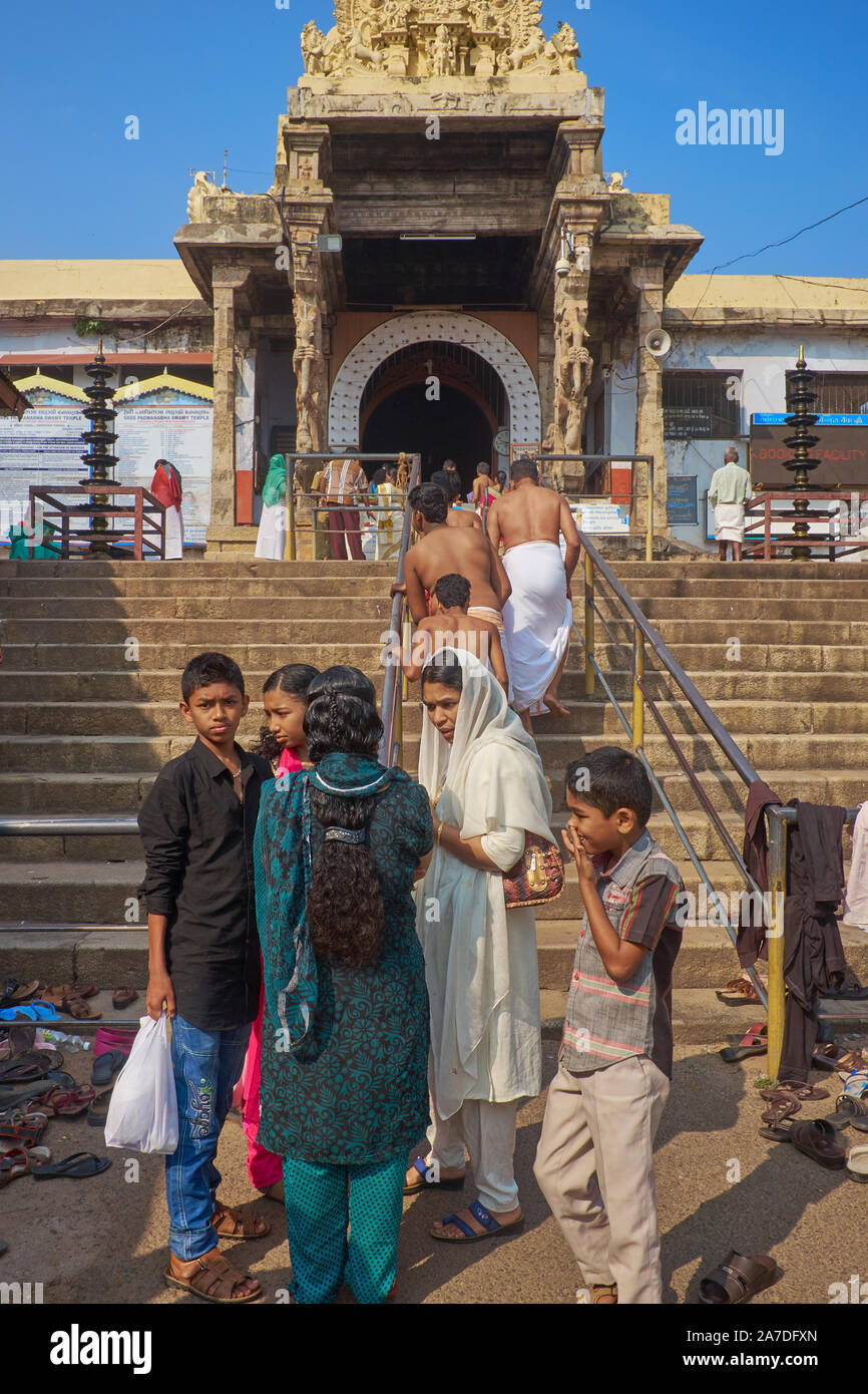 Pilgrims walking up the stairs to Padmanabhaswamy Temple in Trivandrum (Thiruvananthapuram), Kerala, India, which invaluable treasures were found Stock Photo