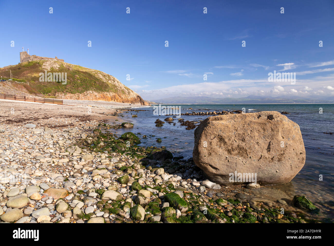 Criccieth castle and beach on the North Wales coast Stock Photo
