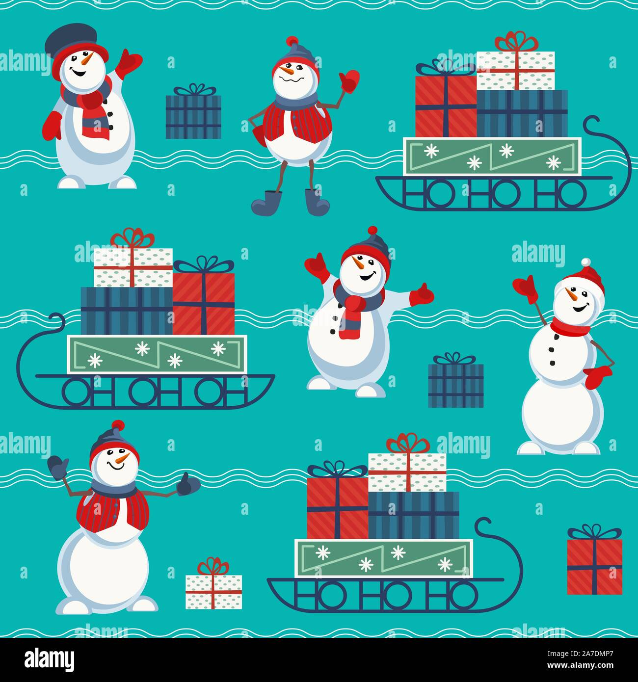 Santa Sleigh hand drawn flat color seamless pattern Stock Vector