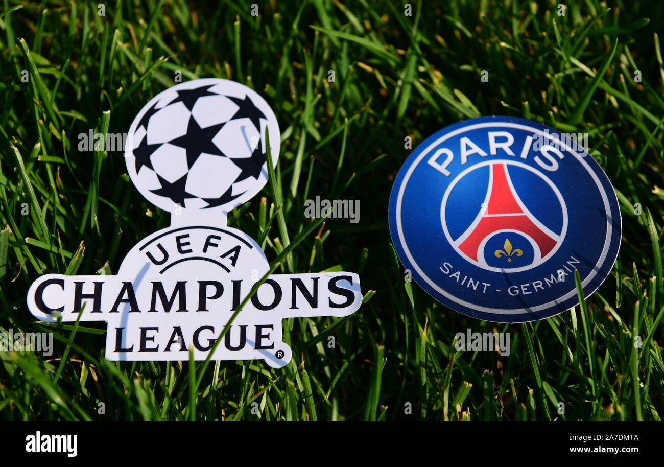 September 6, 2019 Istanbul, Turkey. The emblem of the French football club  Paris Saint-Germain F.C. next to the logo of the Champions League on the gr  Stock Photo - Alamy