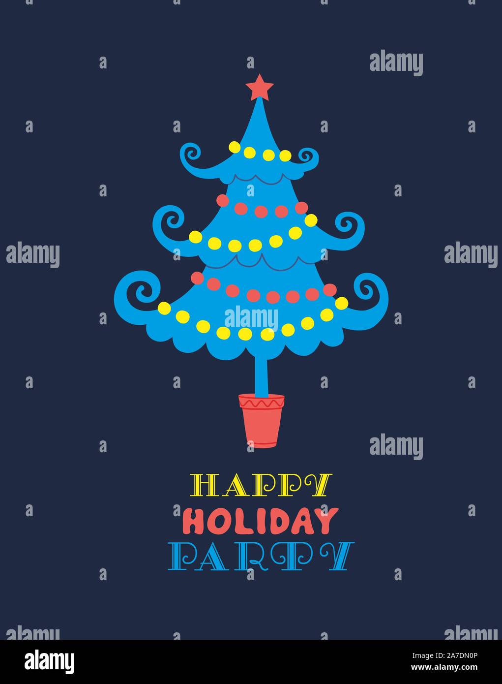 Quirky Christmas tree flat color hand drawn vector invitation template Stock Vector