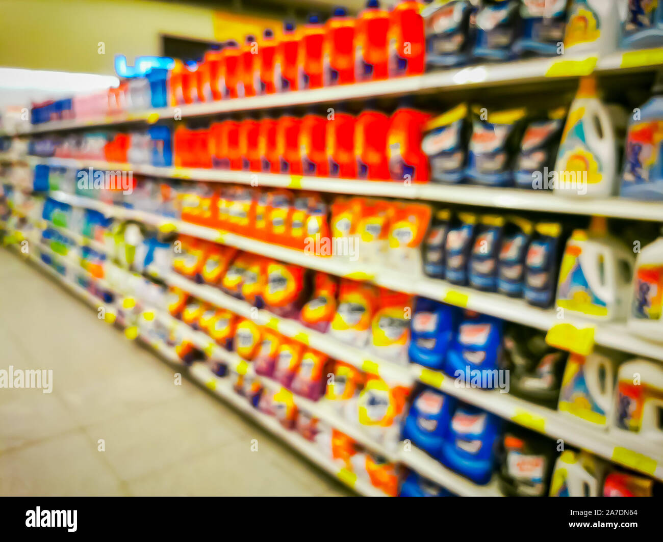 Convenience store shelves interior blur background , Blurred