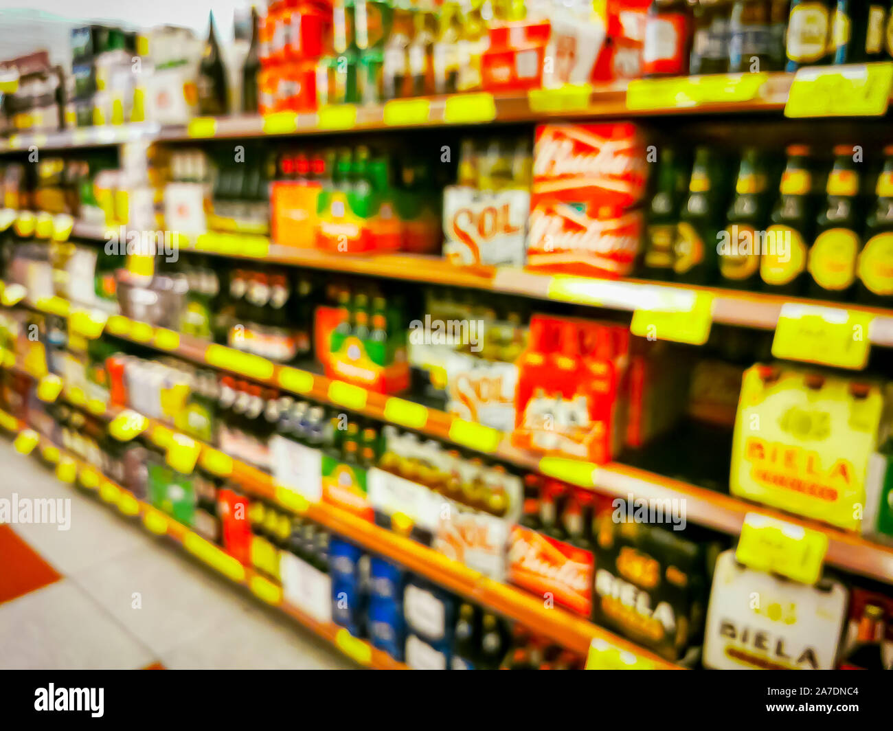 Convenience store shelves interior blur background , Blurred