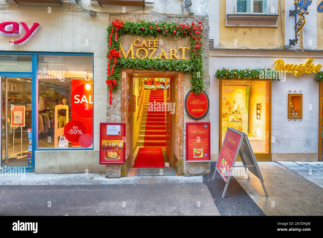 Salzburg, Austria - December 25, 2016: Mozart cafe in downtown of Salzburg Stock Photo