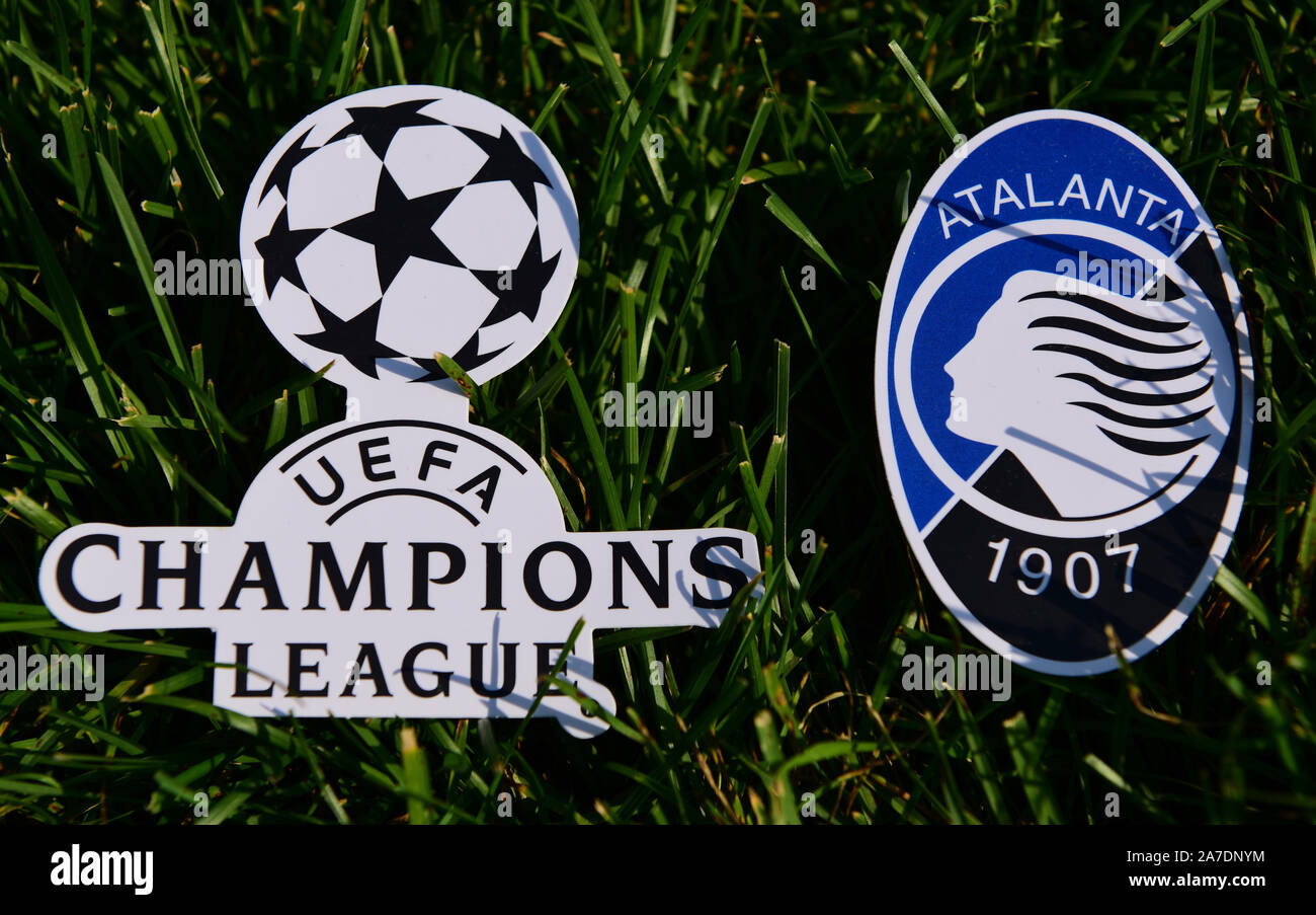 September 6 2019 Istanbul Turkey The Emblem Of The Italian Football Club Atalanta Bergamo Next To The Logo Of The Champions League On The Green Gra Stock Photo Alamy