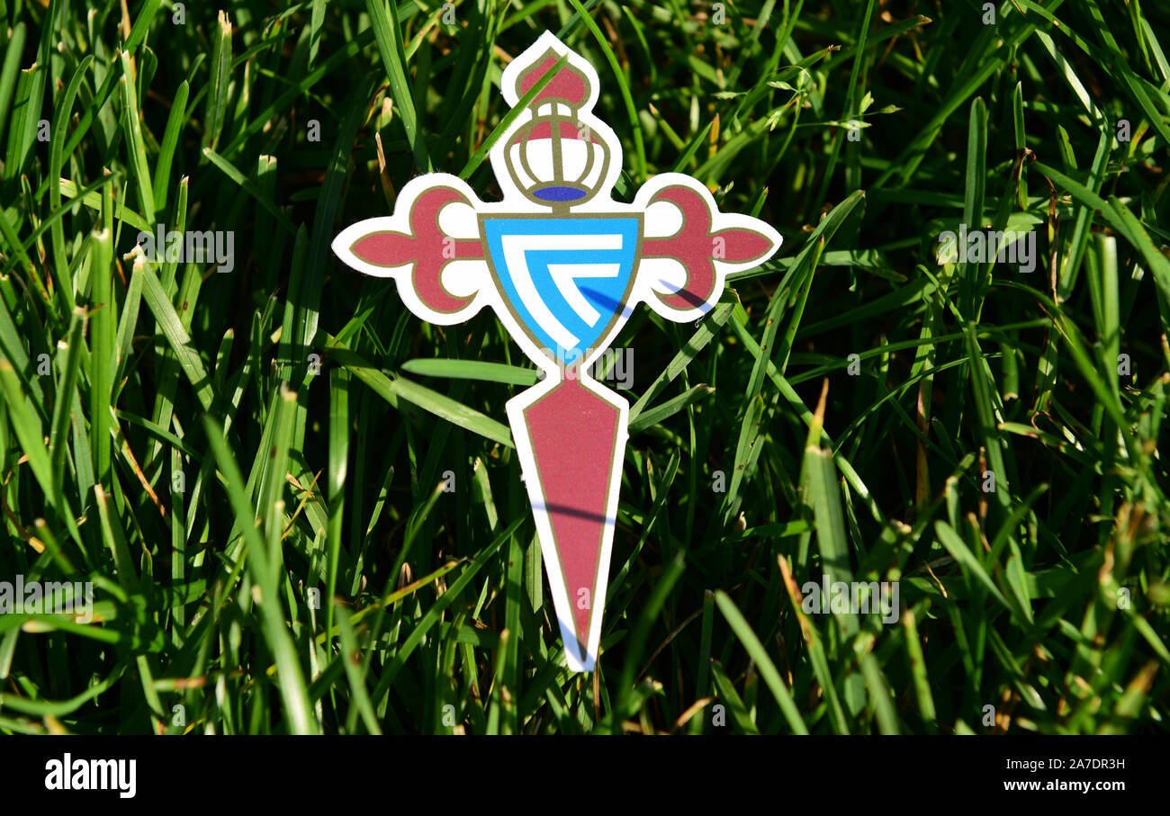 September 6, 2019 Istanbul, Turkey. The emblem of the Spanish football club Celta Vigo on the green grass of the football field. Stock Photo