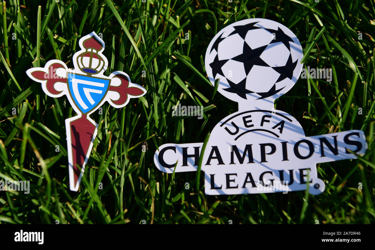 September 6, 2019 Istanbul, Turkey. The emblem of the Spanish football club Celta Vigo next to the logo of the Champions League on the green grass of Stock Photo