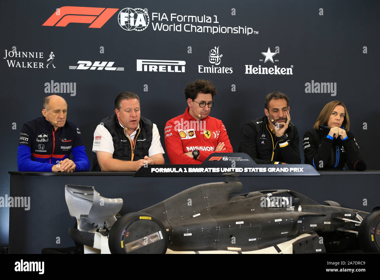 Austin, Texas, USA. 1st November 2019; Circuit of the Americas, Austin, Texas, United States of America; Formula 1 United Sates Grand Prix, practice day; Franz Tost, Team Principal of Scuderia Toro Rosso, Zak Brown, Executive Director of McLaren Technology Group, Mattia Binotto, Team Principal of Scuderia Ferrari, Cyril Abiteboul, Managing Director of Renault Sport Racing Formula 1 Team amd Claire Williams, Deputy Team Principal of ROKiT Williams Racing - Editorial Use Credit: Action Plus Sports Images/Alamy Live News Stock Photo