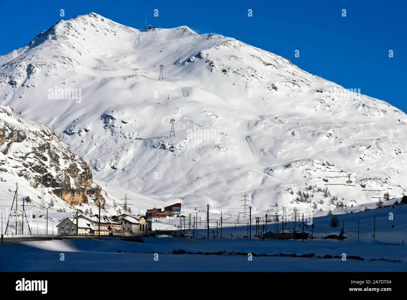 Ski runs at Piz Lagalb, skiing area Diavolezza-Lagalb, Pontresina, Val Bernina, Engadin, Grisons, Switzerland Stock Photo