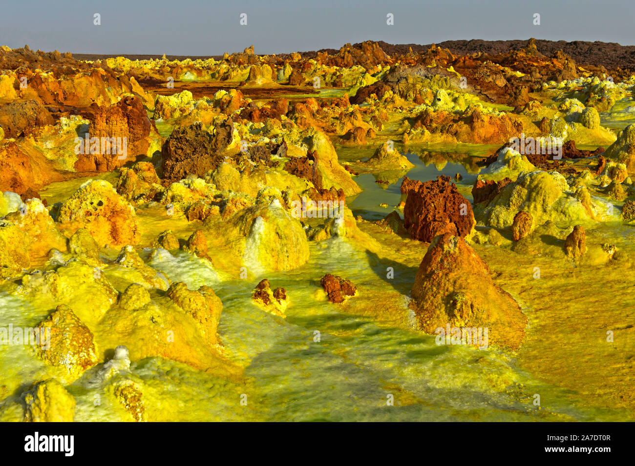 Fumaroles in pyramid-shaped  sulphurous sediments, geothermal field of Dallol, Danakil depression, Afar Triangle, Ethiopia Stock Photo