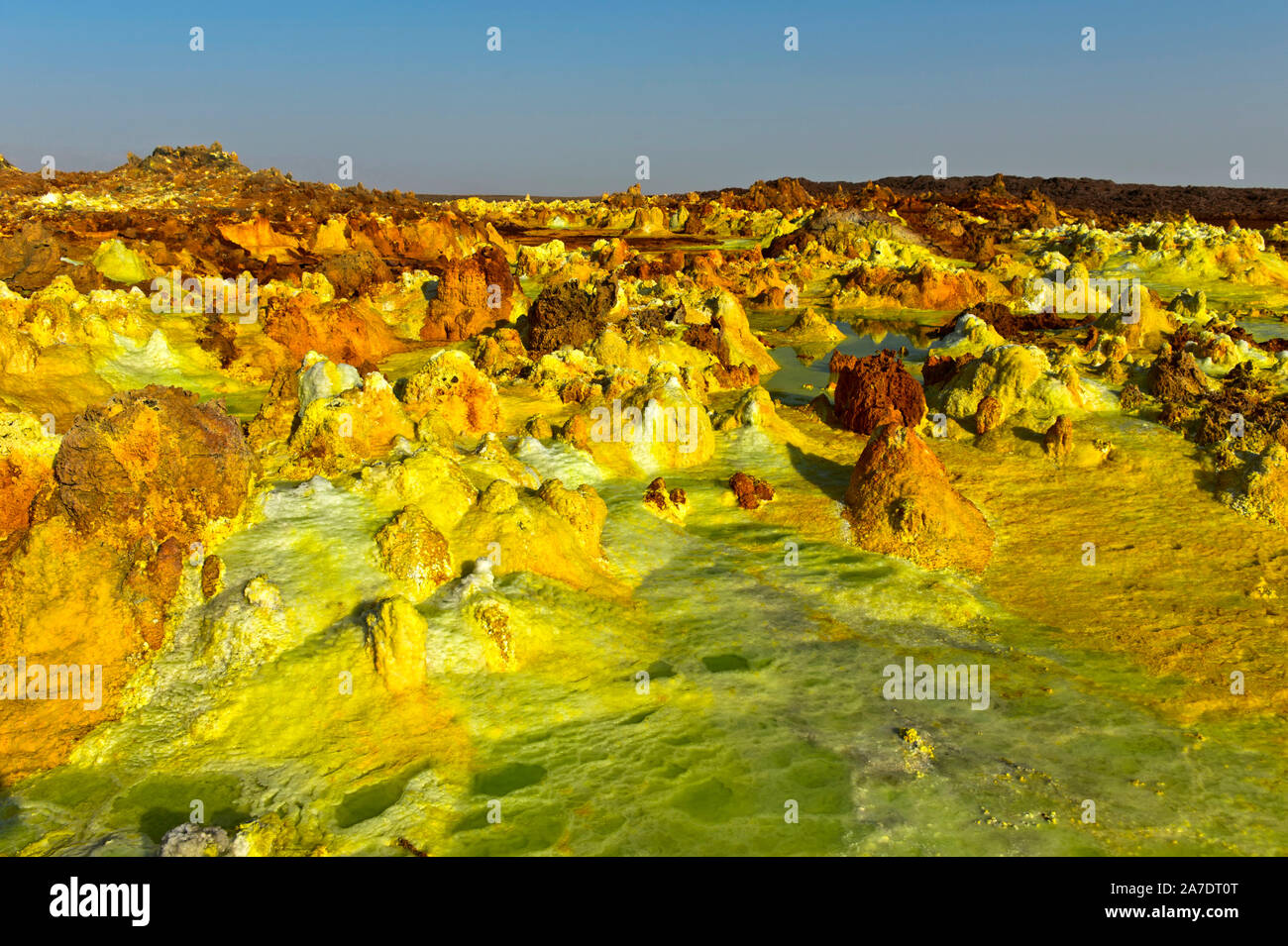 Fumaroles in pyramid-shaped  sulphurous sediments, geothermal field of Dallol, Danakil depression, Afar Triangle, Ethiopia Stock Photo