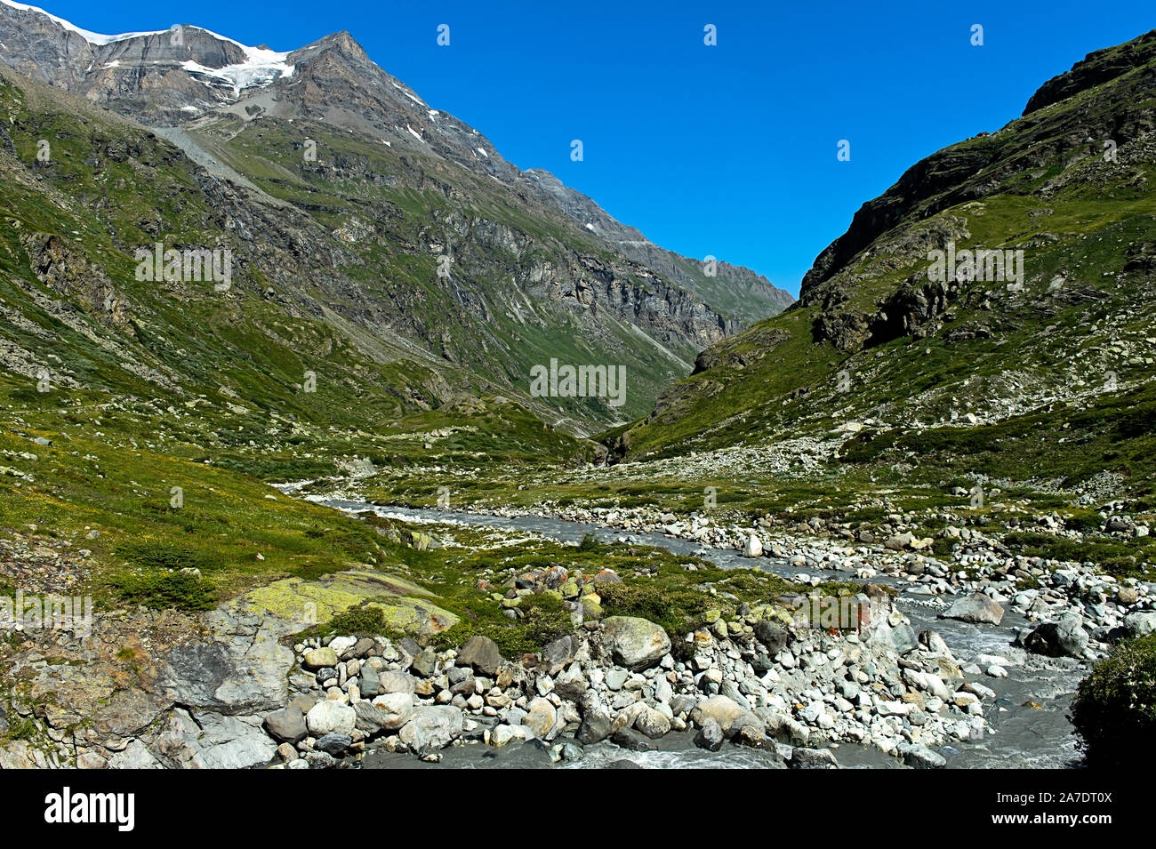 Valley of the river Drance de Bagnes in alpine landscape, Val de Bagnes, Valais, Switzerland Stock Photo