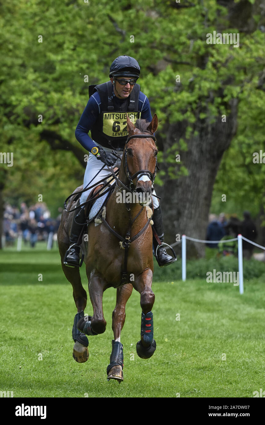 Badminton Horse Trials Gloucester May 5th 2019 Bill Levett riding LASSBAN DIAMOND LIFT in the cross country representing Australia in the horse trials Stock Photo