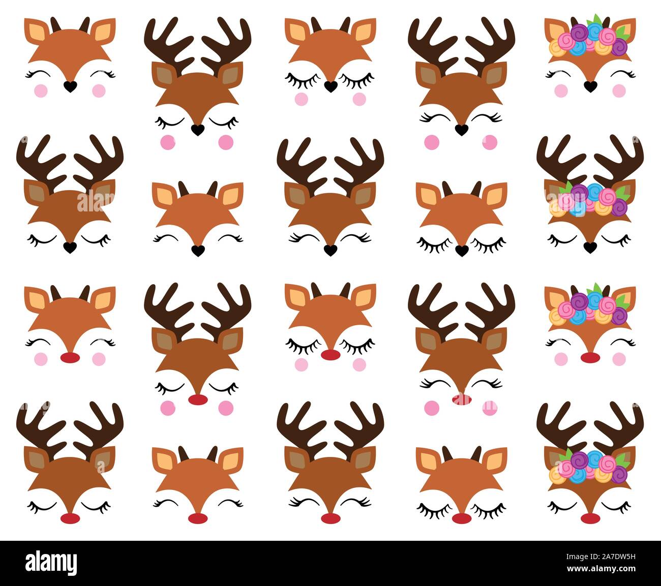 Vector Set of Cute Reindeer Faces Stock Vector