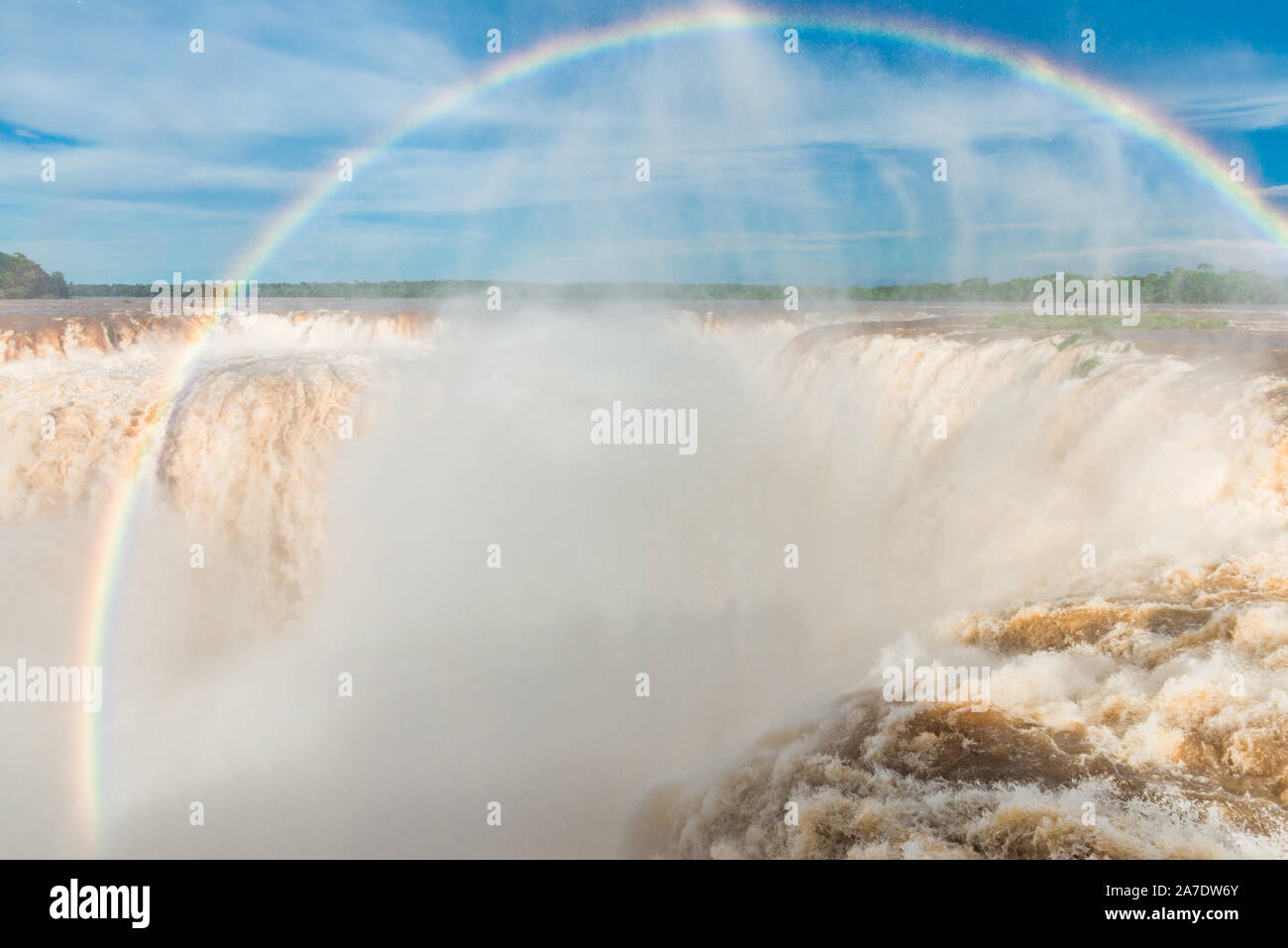 Iguazu waterfalls with a rainbow. Photo at Argentinian side, Devil throat. Stock Photo