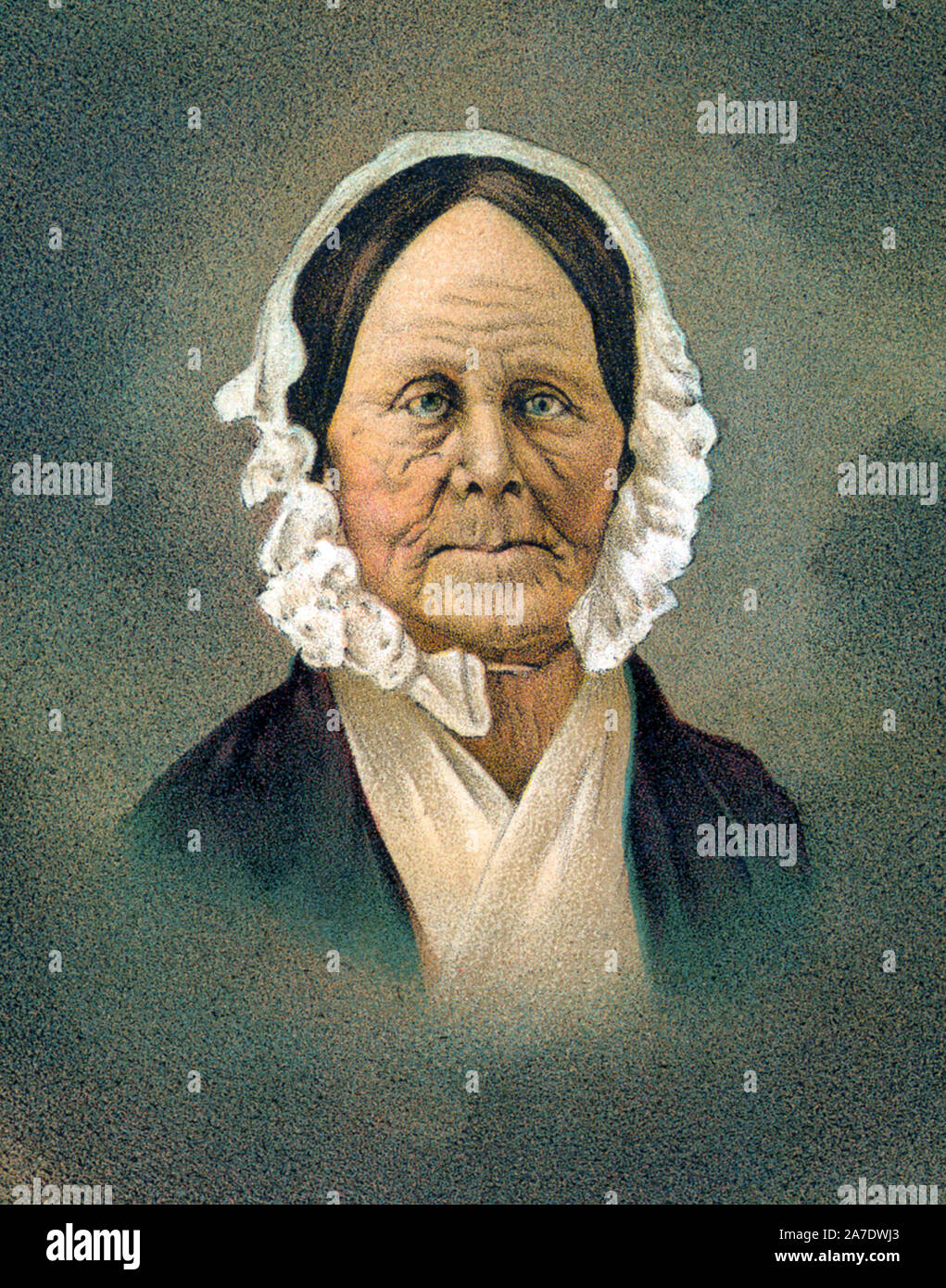 Vintage portrait of Barbara Frietchie (1766 – 1862), the elderly Unionist who became part of American Civil War folklore thanks to a popular poem by John Greenleaf Whittier. Legend has it that Frietchie (also spelt Fritchie or Frietschie) waved a Union flag from her attic window at occupying Confederate forces in Frederick, Maryland, in September 1862 and declared: 'Shoot, if you must, this old gray head, but spare your country's flag.' Detail from a print circa 1896 by the National Publishing Co / W W Welch of Cleveland. Stock Photo