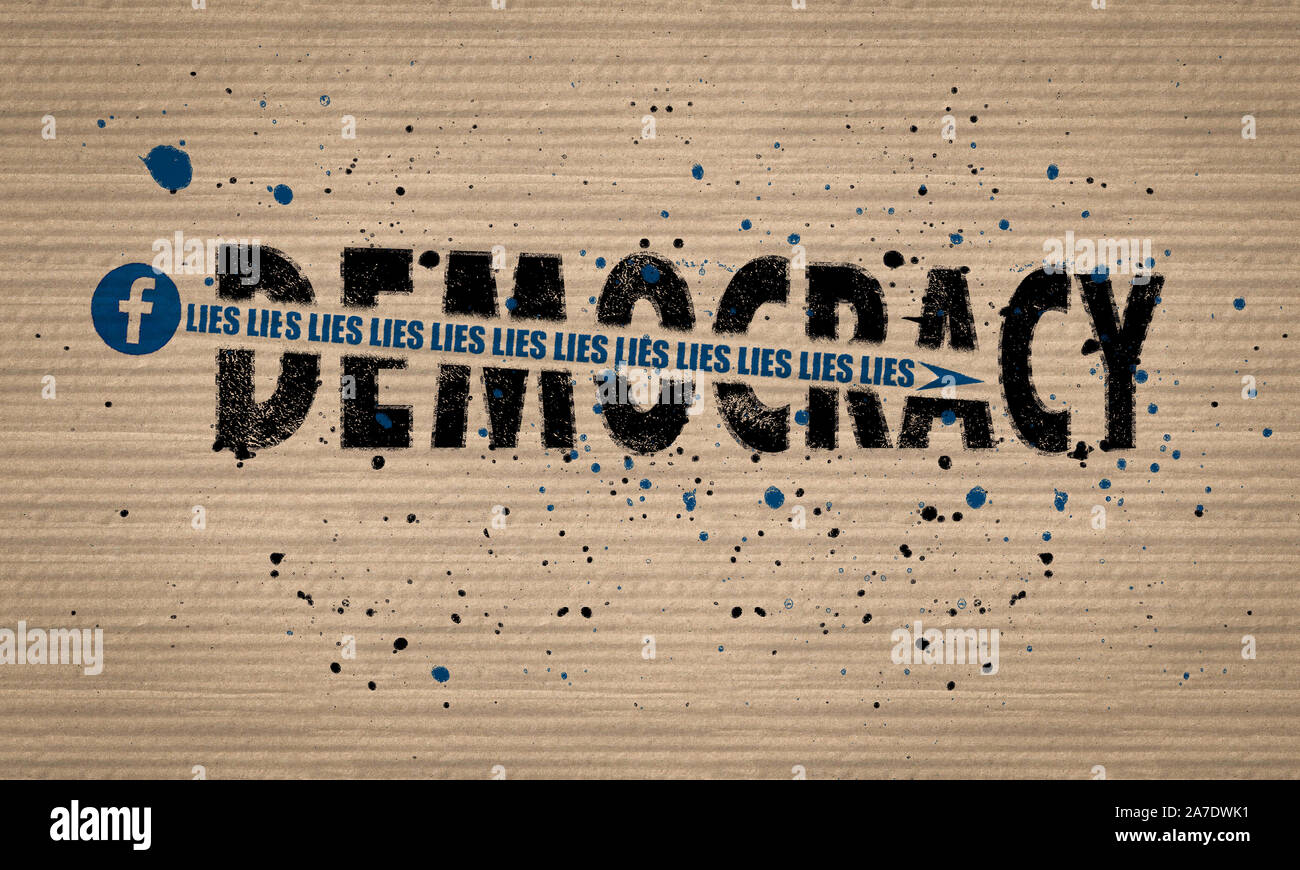 Concept illustration an arrow of Facebook Lies shattering Democracy text on board paint splattered background Stock Photo