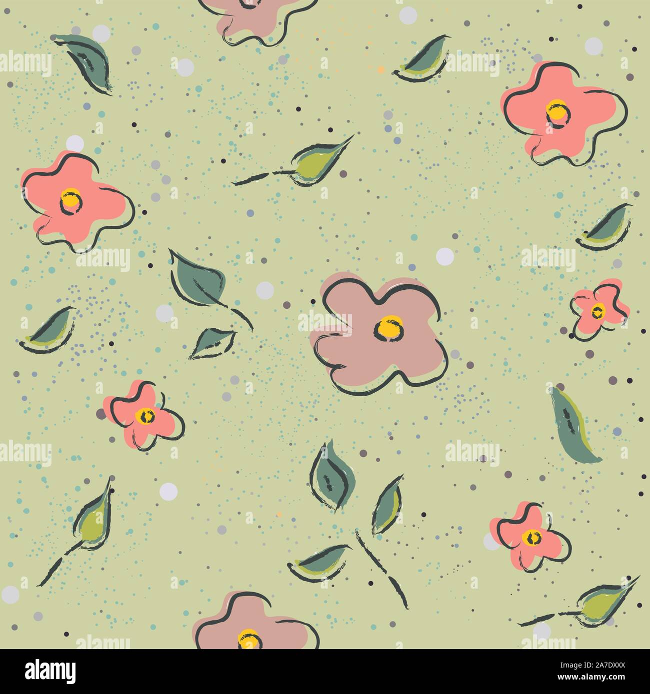 Hand Drawn Floral Seamless Pattern on green. Vector Illustration Stock ...