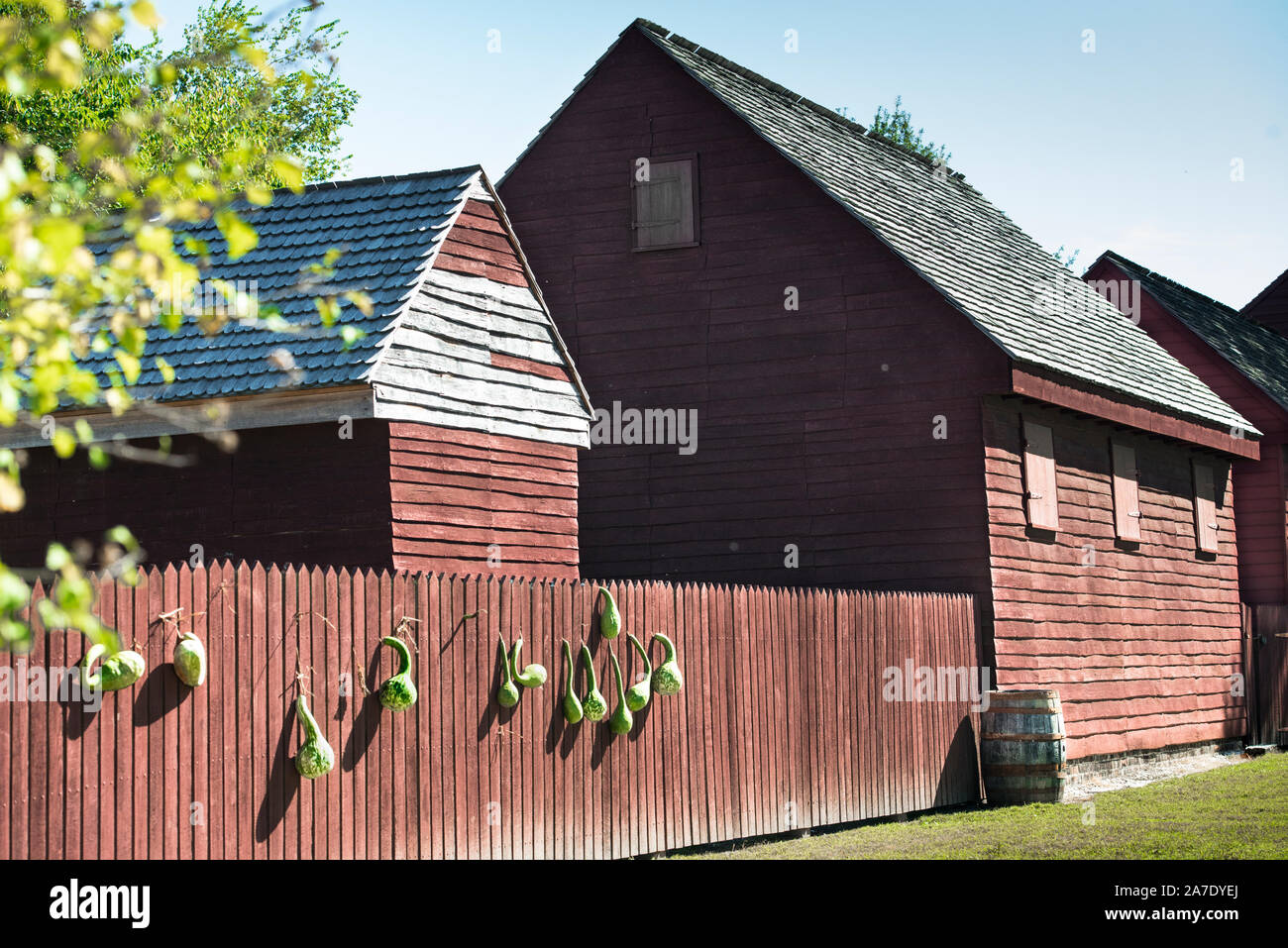 Colonial Williamsburg, Peyton Randolph house outbuildings & fence, decorated with seasonal gourds. Bright sunlight. Blue sky and rust colored paint. Stock Photo