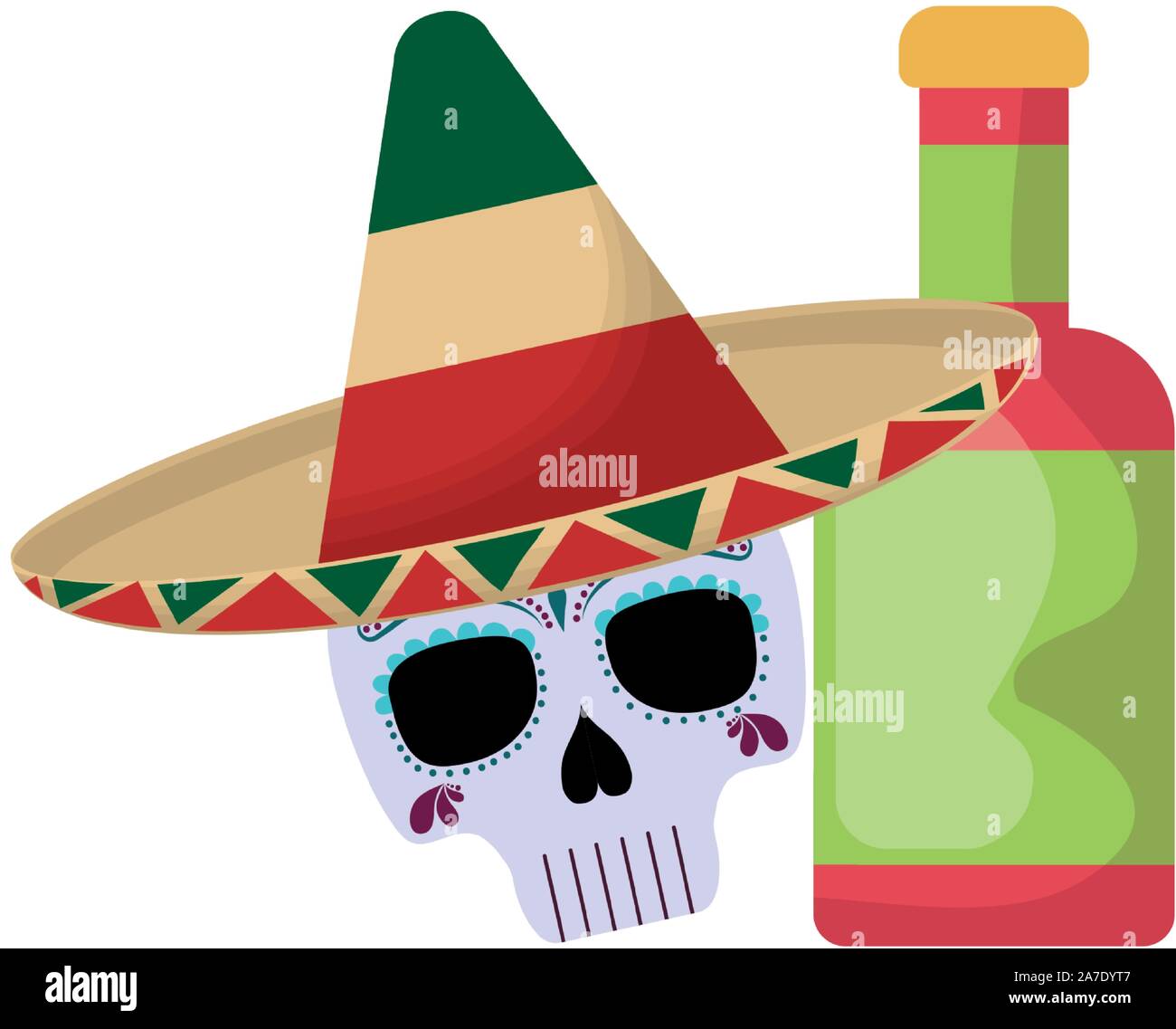 skull with hat and bottle tequila mexican icons vector illustration ...