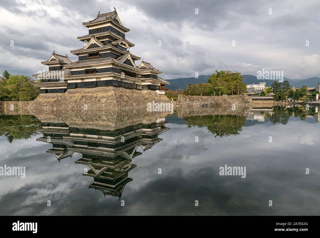 Matsumoto Castle (Crow Castle) - one of Japan's most important historic castles - water reflection. Stock Photo