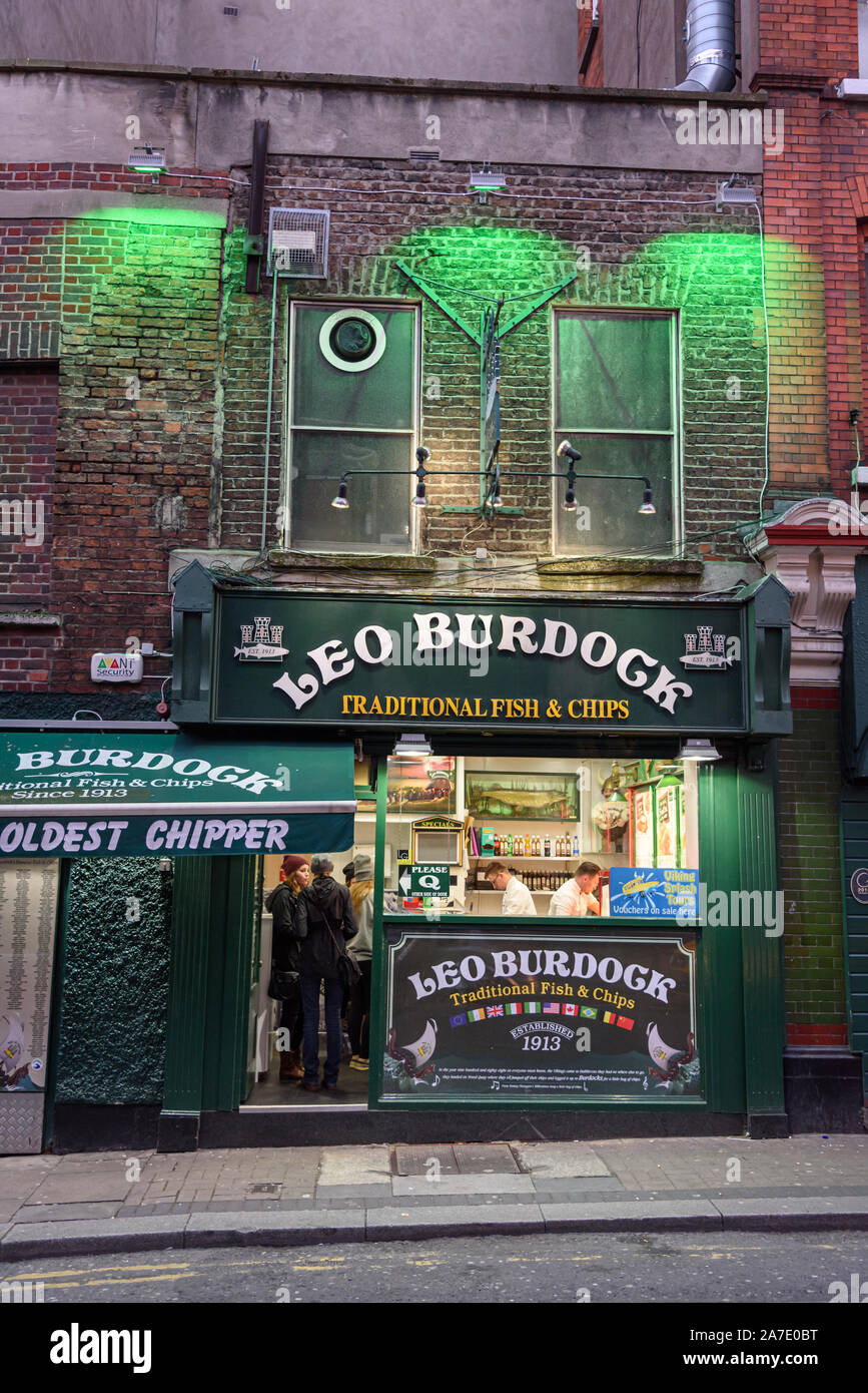 TEMPLE BAR STREET, DUBLIN, IRELAND-APRIL 05,2015: Leo Burdock is a traditional Fish and Chip Shop, Dublin, Ireland. Stock Photo