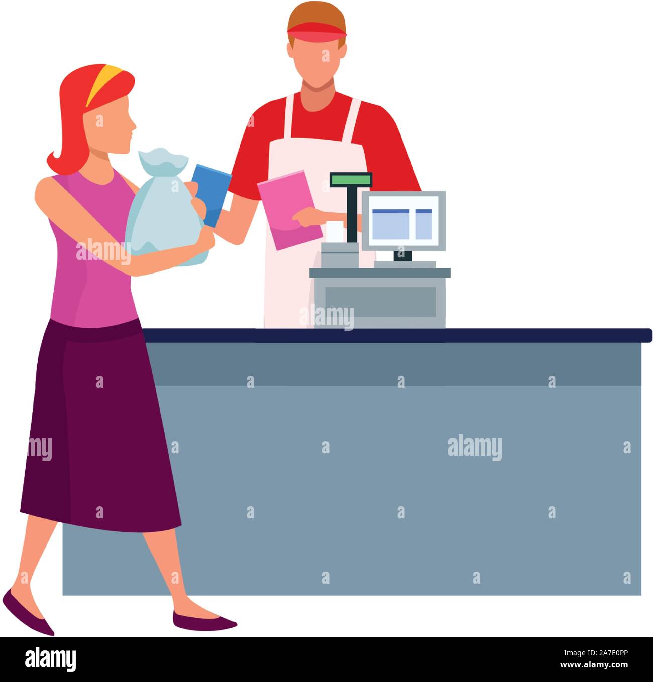 man cashier in the cash with customer with supermarket bags Stock