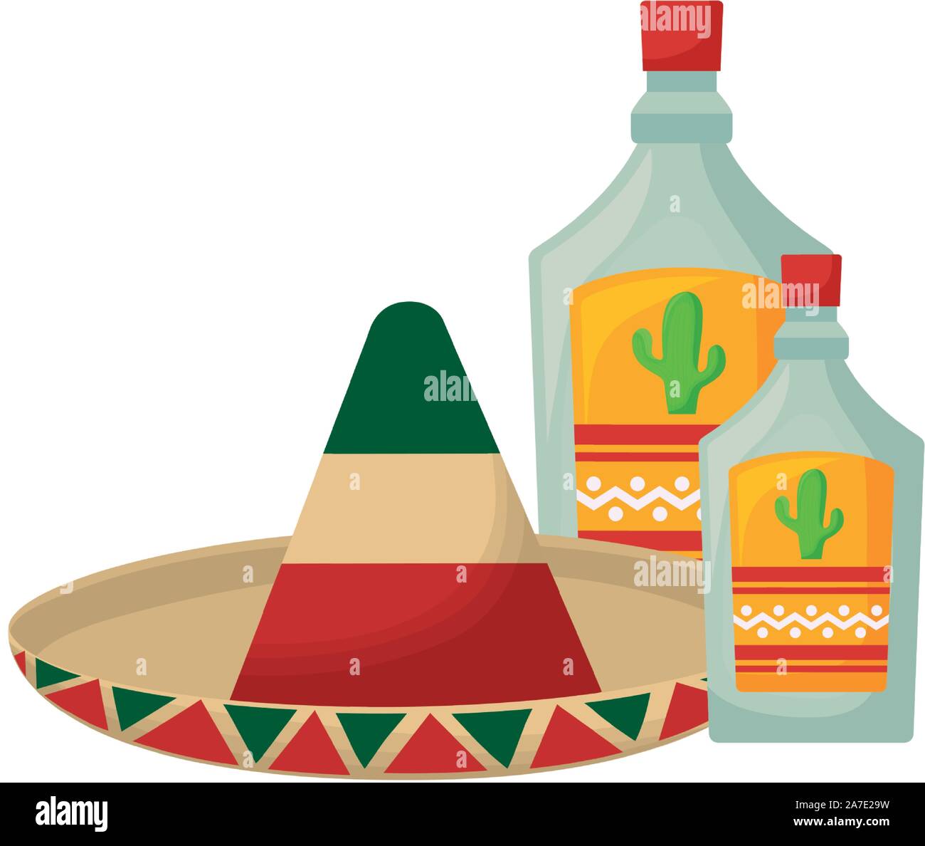 hat mexican with bottles tequila vector illustration design Stock