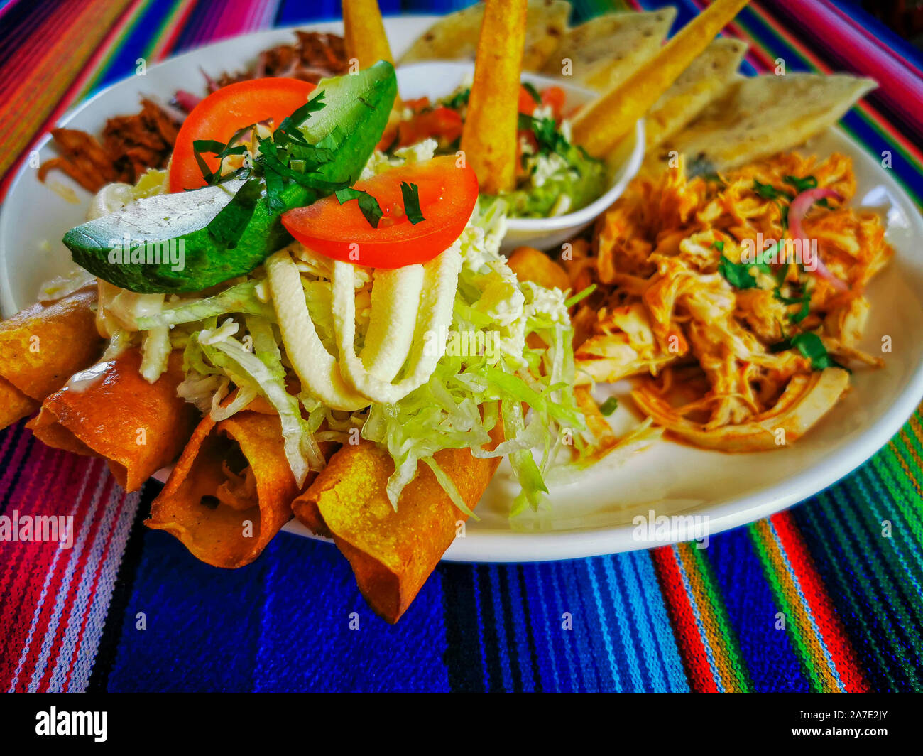 Mexican food mix colorful background, guacamole, cochinita pibil, flautas and quesadilla Stock