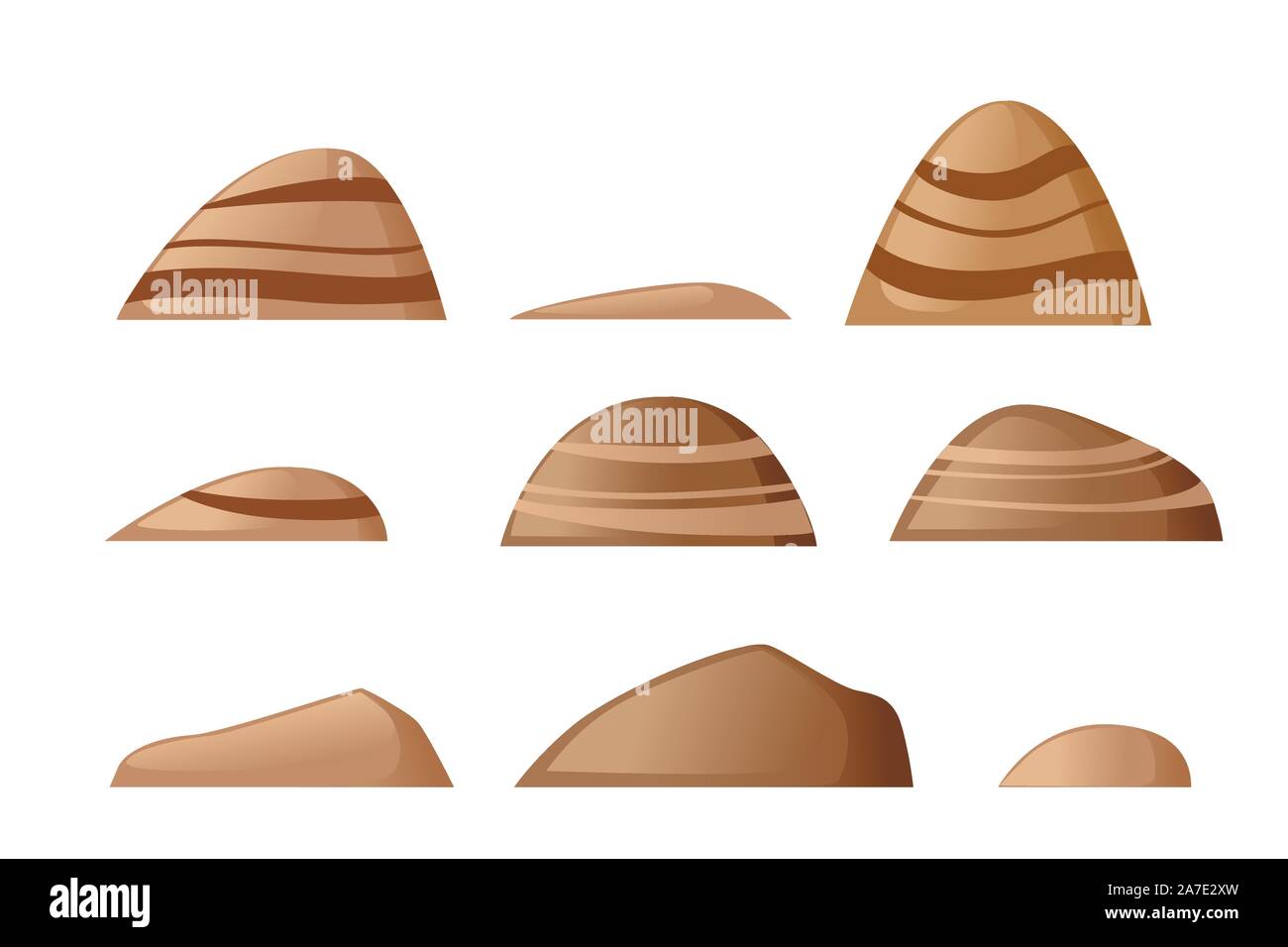 Set of brown heavy stones and rocks on the ground flat vector illustration isolated on white background. Stock Vector