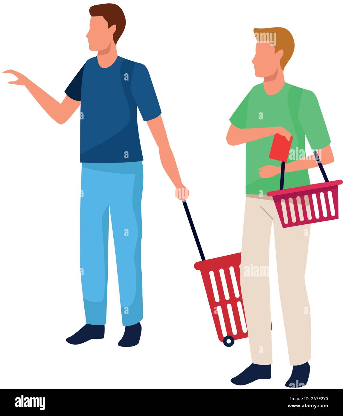 avatar men with supermarket baskets, flat design Stock Vector