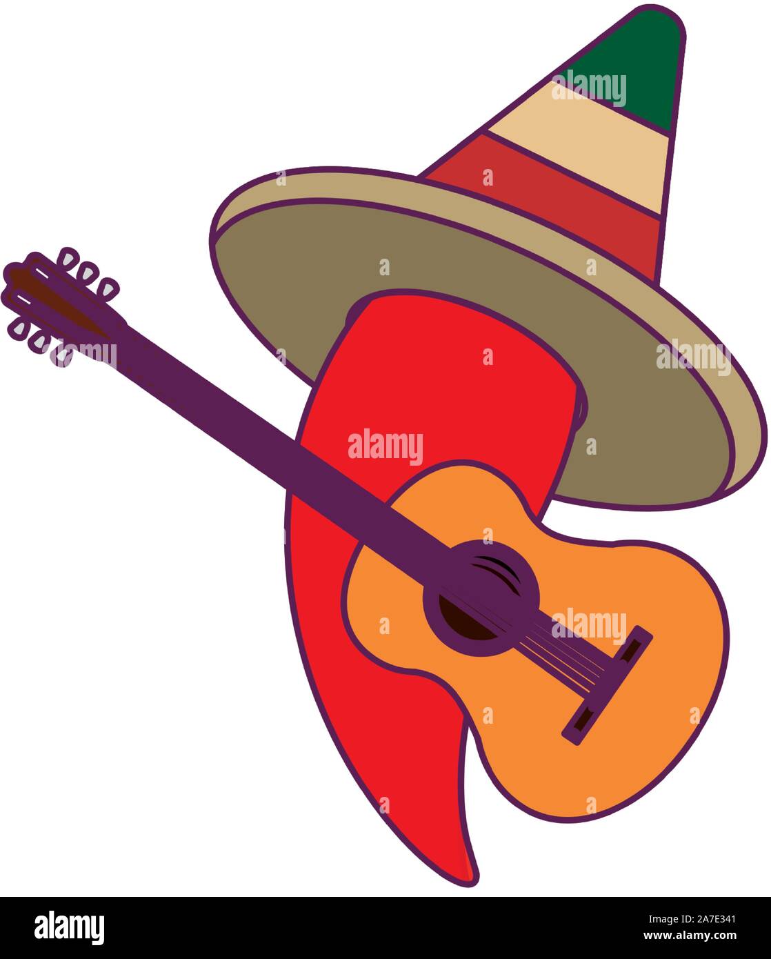chili pepper with hat mexican and guitar vector illustration design ...