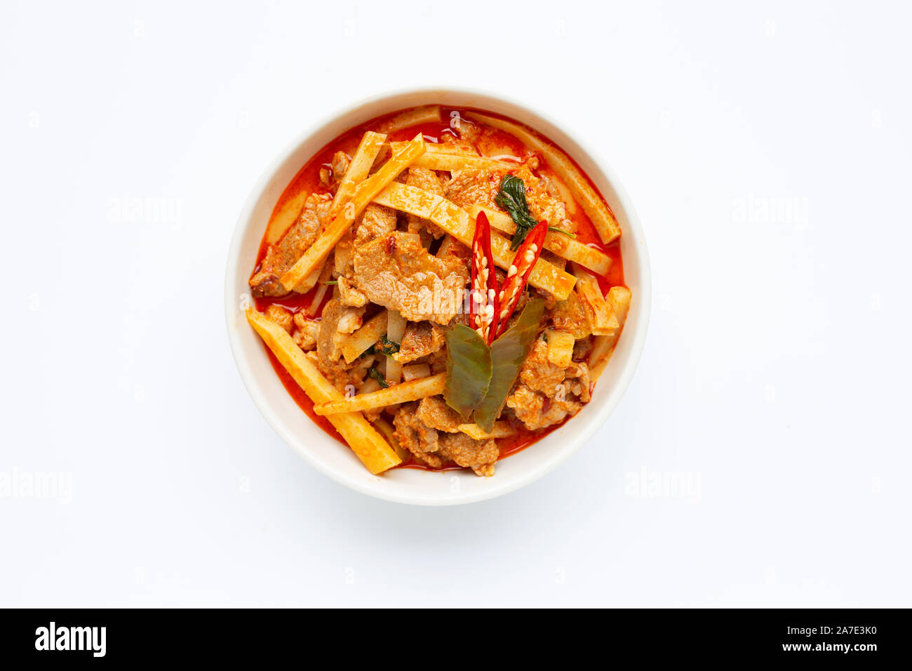 Red curry preserved bamboo shoot with pork, white background Stock Photo Alamy