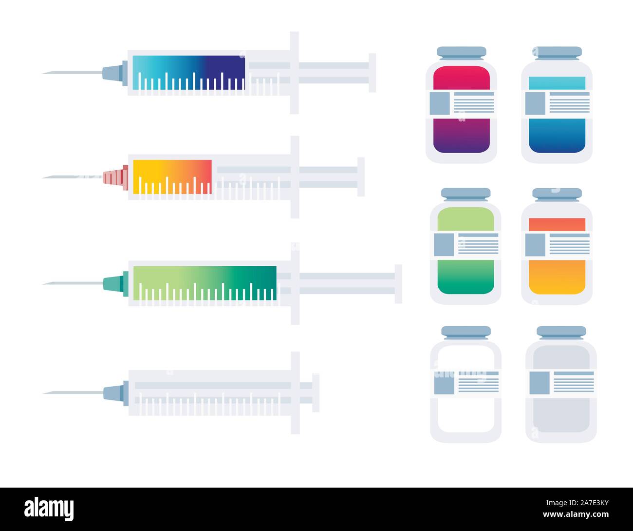 Hyaluronic acid injection medical syringe and containers skin care and medical intervention flat vector illustration on white background. Stock Vector