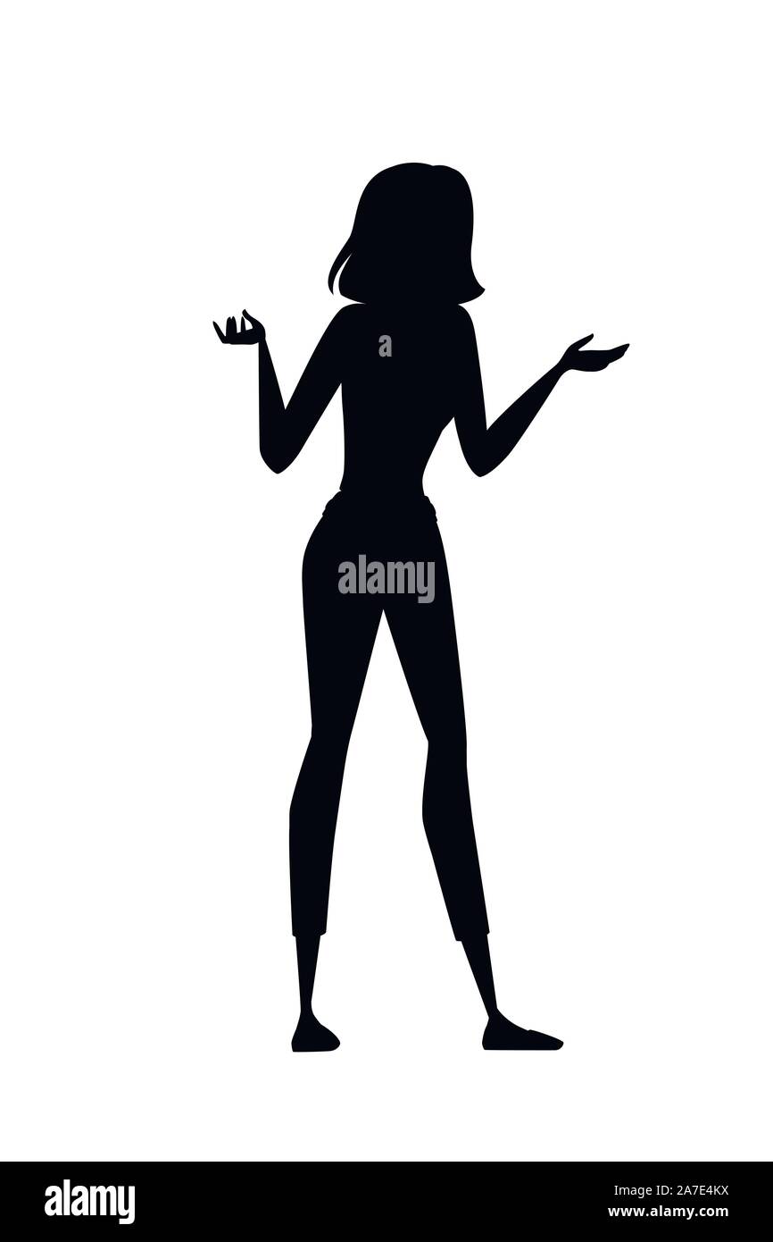Black silhouette woman beautiful brunette womans with doubt expression cartoon character design flat vector illustration isolated on white background. Stock Vector
