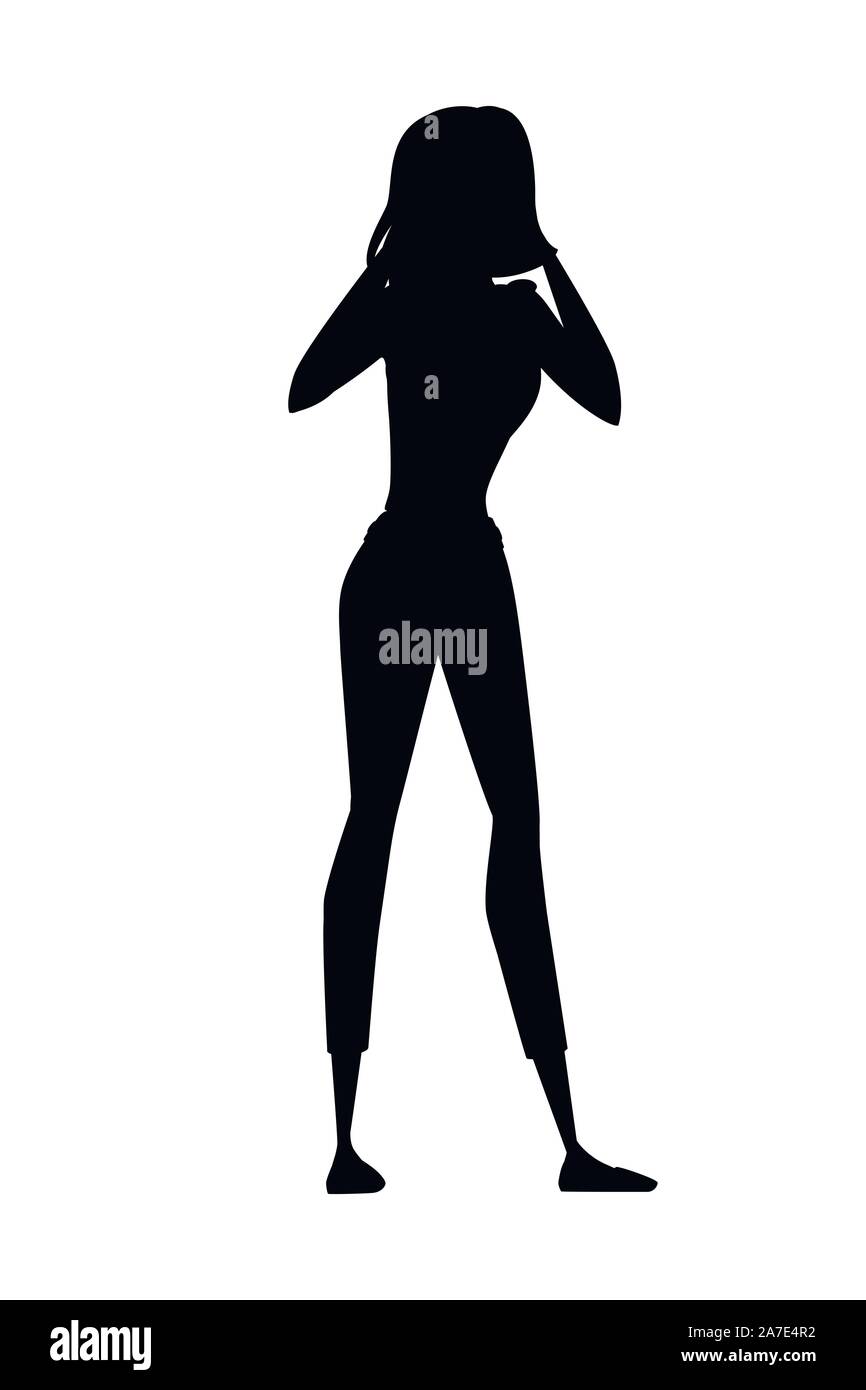Black silhouette woman beautiful brunette womans with doubt expression cartoon character design flat vector illustration isolated on white background. Stock Vector