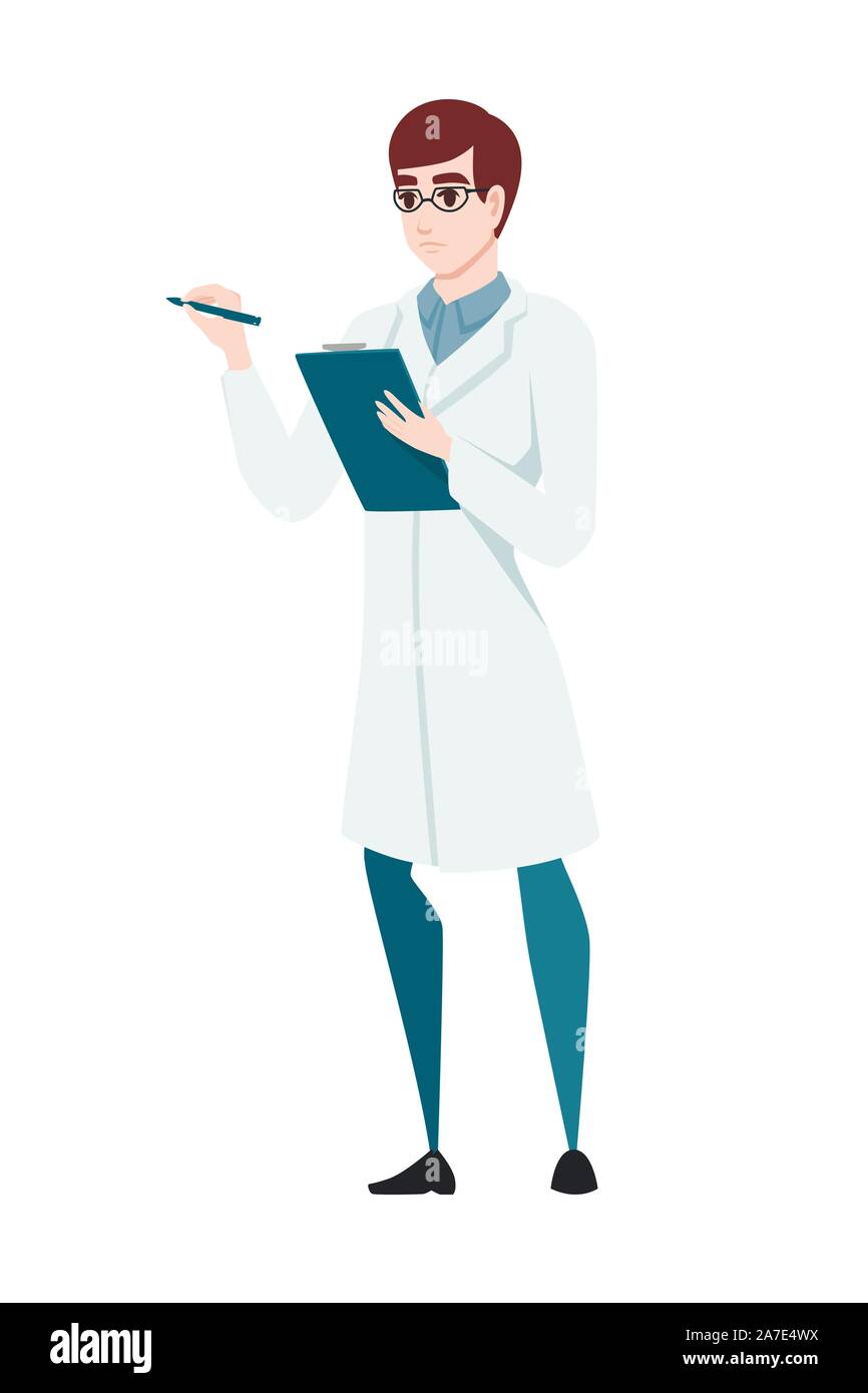 Man scientist holding checklist cartoon character design flat vector illustration on white background. Stock Vector